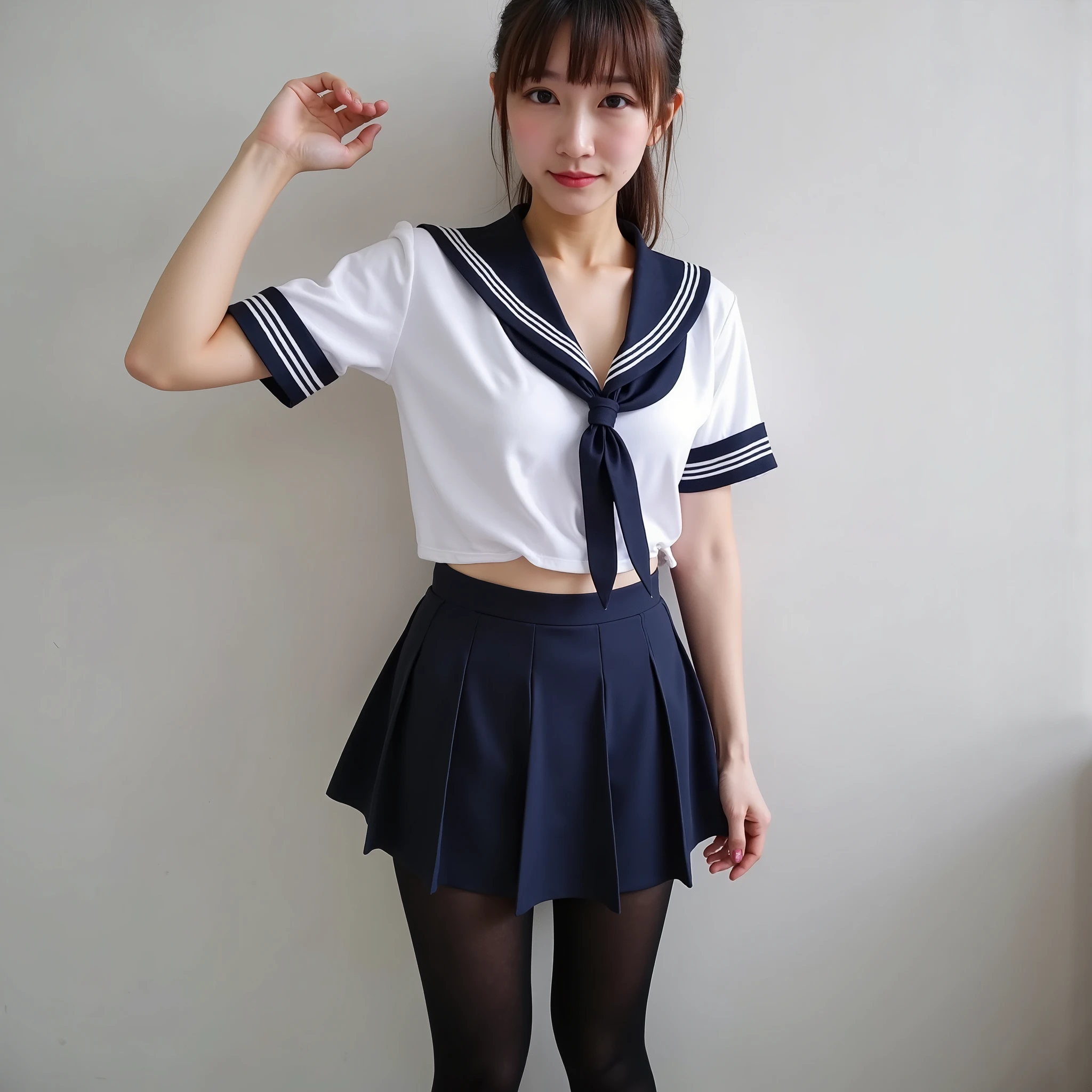 Full Album 、 black pantyhose ,(seamless real black pantyhose 1 .1)Extreme realism:1.21, high res pictures :1.21, High Quality Pictures :1.21, High Realism :1.21, ( top quality :1.37), 32k resolution, high dynamic range :1.5, very detailed:1.5, hyperrealism :1.5, has a large file size :1.5, masterpiece:1.21, noise reduction :1.5, realistic :1.5, RAW PHOTOGRAPHS FROM THE PREVIOUS CENTURY :1.5, has her butt hidden in a , Dim on Good Side :1.1, Brown Hair, chignon hair , she's wearing a uniform , traditional sailor suit from a prestigious high school in Tokyo , white uniform, Short Sleeve Sailor Suit :1.21, will be Fuku:1.21, とても has her butt hidden in a , Navy Blue Pleated Miniskirt , background , movie lights, crouch down and open your legs:1.5