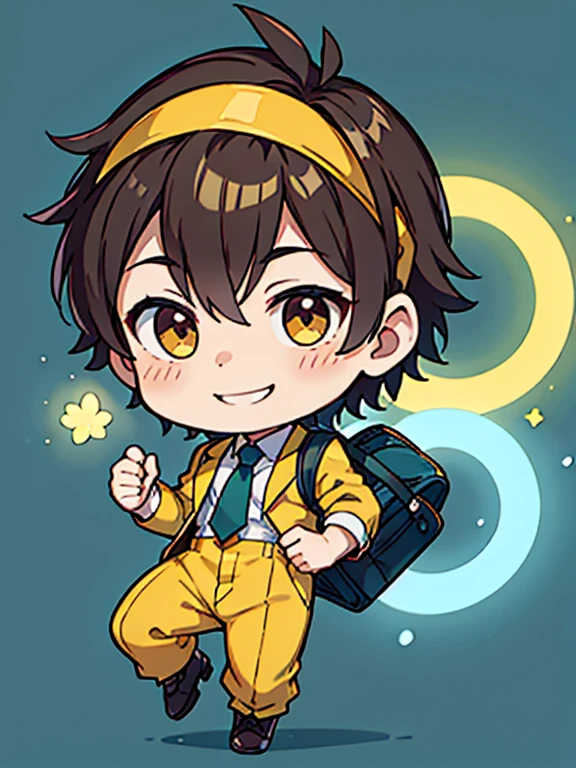 a boy,chibi,salaryman,holding business bag, ISFP, image color is yellow,full body,brown suit, center-parted hairstyle,light yellow headband,green backrground,gental face,easy  going,smiling, low light