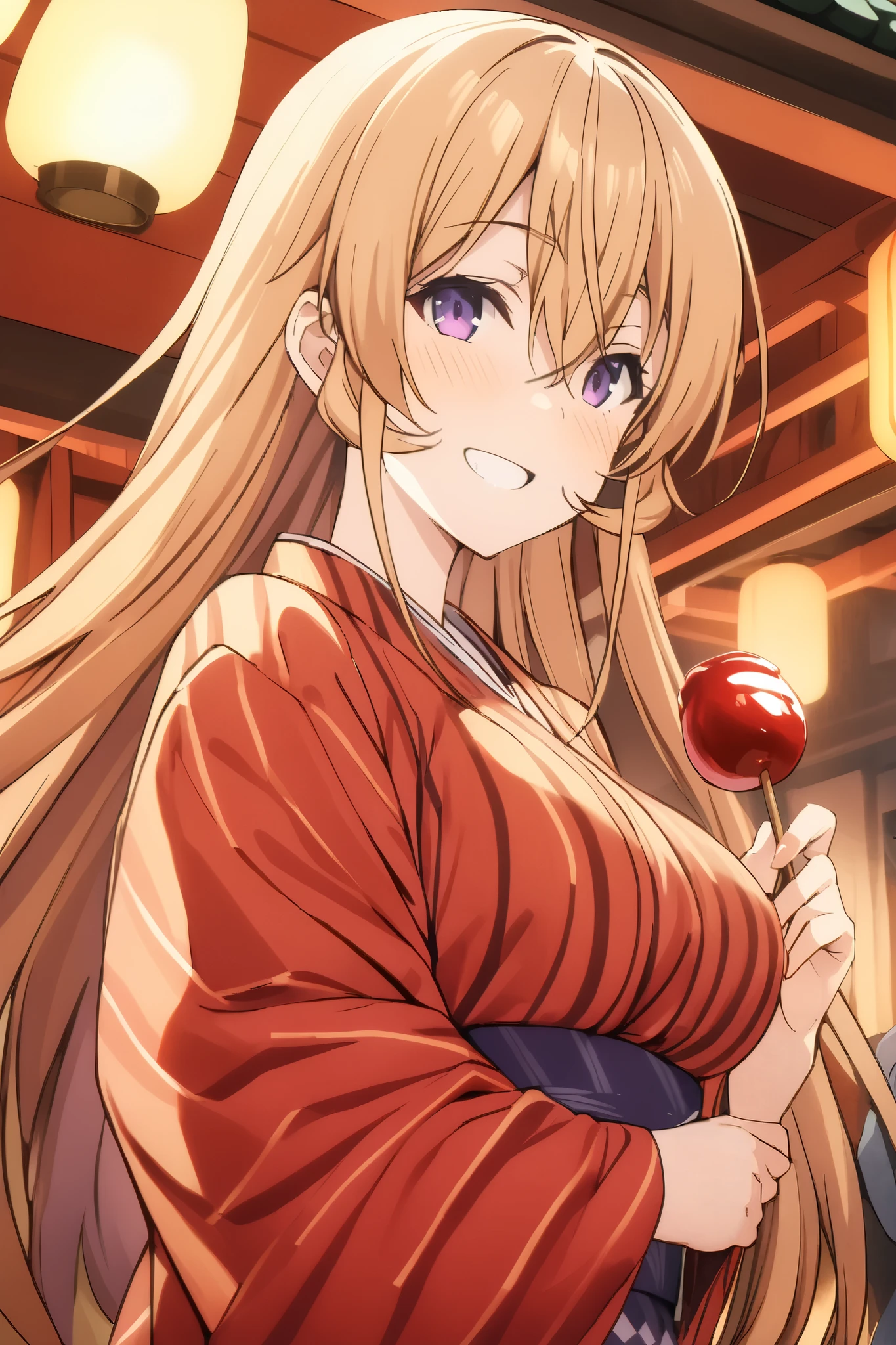 NSFW,masterpiece, top quality , high res, very detailed,Elina Nakiri 、 long hair、 orange hair、 purple eyes、 hair between eyes , kimono,yukata,shrine,Festivals,Opening a store,Lantern, happy smiles ,Candy apples