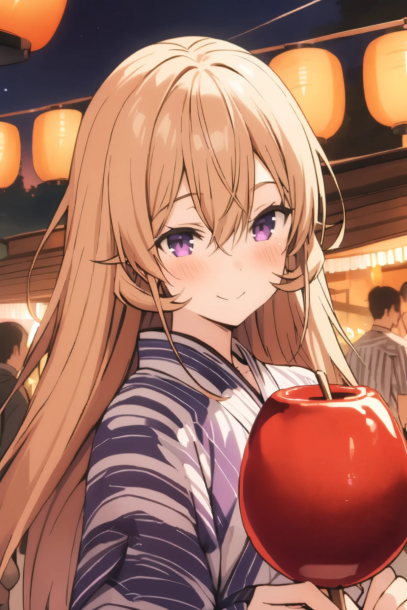 NSFW,masterpiece, top quality , high res, very detailed,Elina Nakiri 、 long hair、 orange hair、 purple eyes、 hair between eyes , kimono,yukata,shrine,Festivals,Opening a store,Lantern, happy smiles ,Candy apples