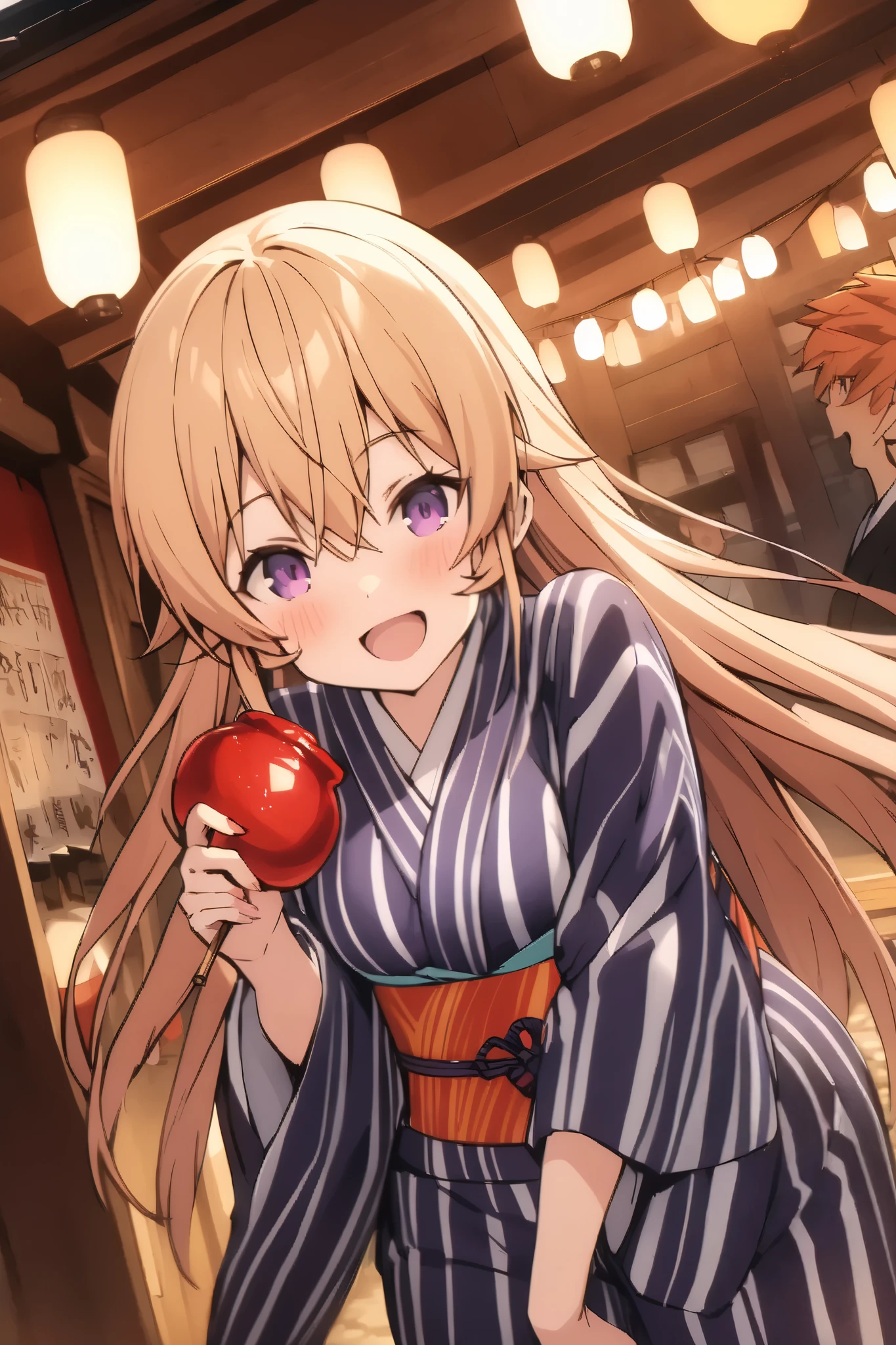 NSFW,masterpiece, top quality , high res, very detailed,Elina Nakiri 、 long hair、 orange hair、 purple eyes、 hair between eyes , kimono,yukata,shrine,Festivals,Opening a store,Lantern, happy smiles ,Candy apples