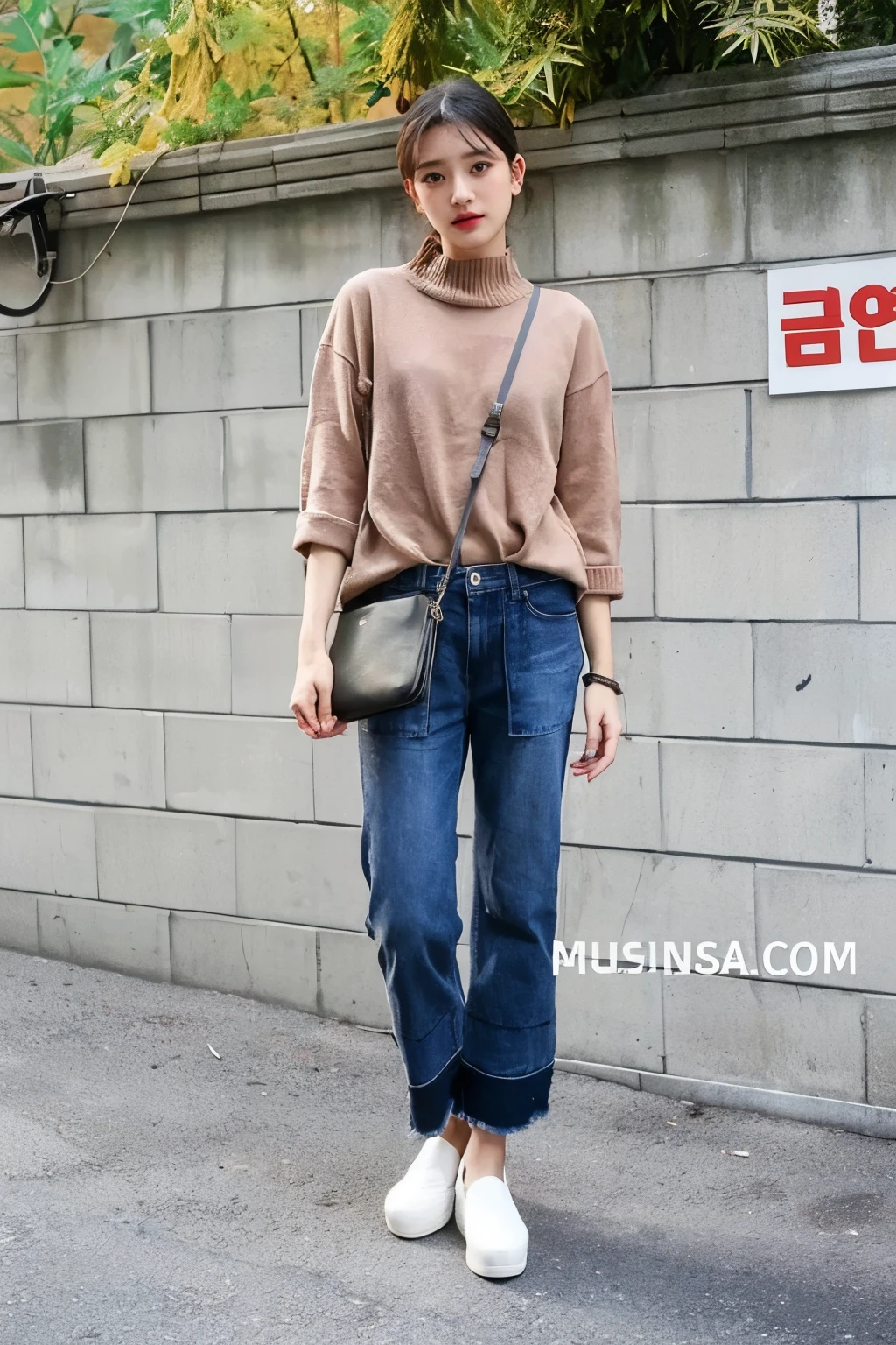 Top Quality, Masterpiece, High Resolution, 8k, Instagram photo, reailistic photo. High angle. Lora: realistic asian. a young woman white skinned,  20 years old, height 160 cm, standing in front of a wooden counter in a restaurant. She is wearing a beige sweater, blue jeans, and beige sandals. She has a hijab on her head and is looking directly at the camera with a serious expression. Behind her, there is a wooden shelf with various items on it, including a potted plant and a coffee machine. The floor is made of white tiles.