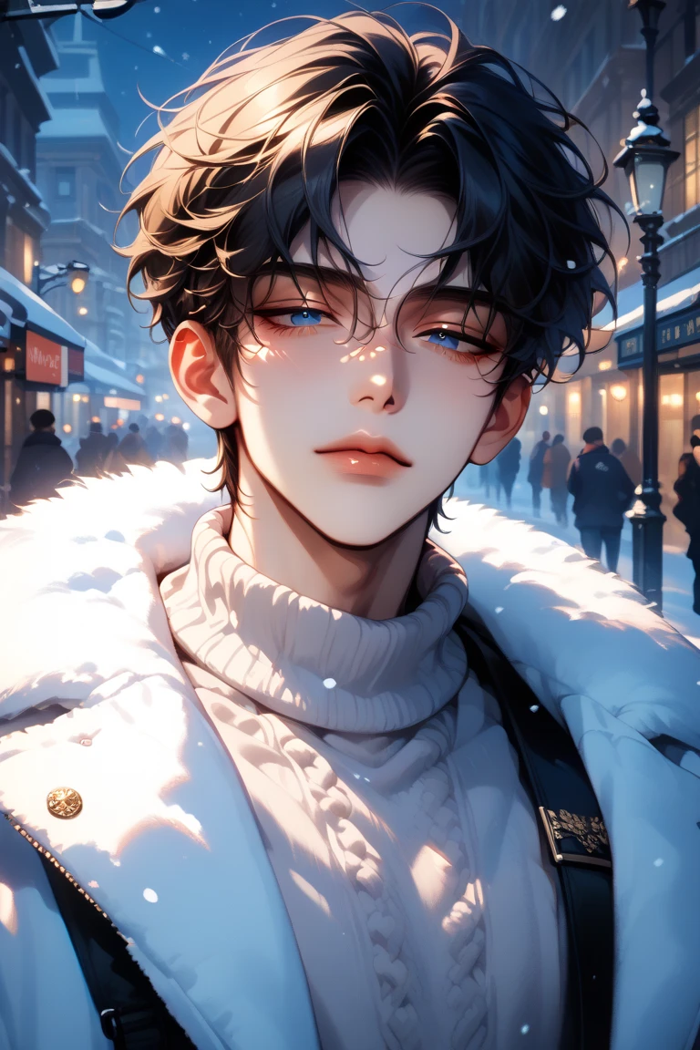 adult male, solo, sexy, broad shoulders, short hair, black hair, curtained hair, blue eyes, (half closed eyes:1.1), details in eyes and face, expressionless, white sweater, puffer jacket, upper body, looking at viewer, (snowy night New York city, street light), 