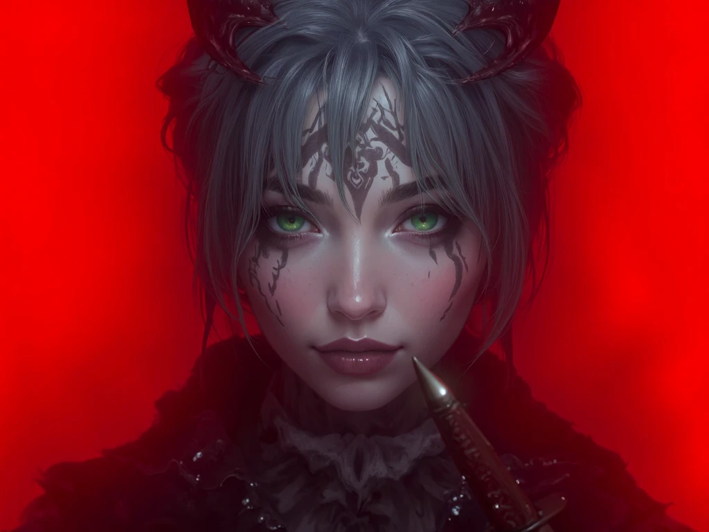  A beautiful young Korean woman .
Gray hair , Chanel style.
Emerald green eyes, expressive, obfuscating, bioluminescentes. 
 angry expression .
tattooed face.
2 horns on the forehead.
 snow-white skin .
 You are holding a katana sword horizontally with your right hand.
 Simple red background.
(anime style 32K, 3d, HDR, UHD, intricate detail, extremely intricate detail, hyperrealistic, extremely realistic, high quality,   vivid color  , extremely detailed).