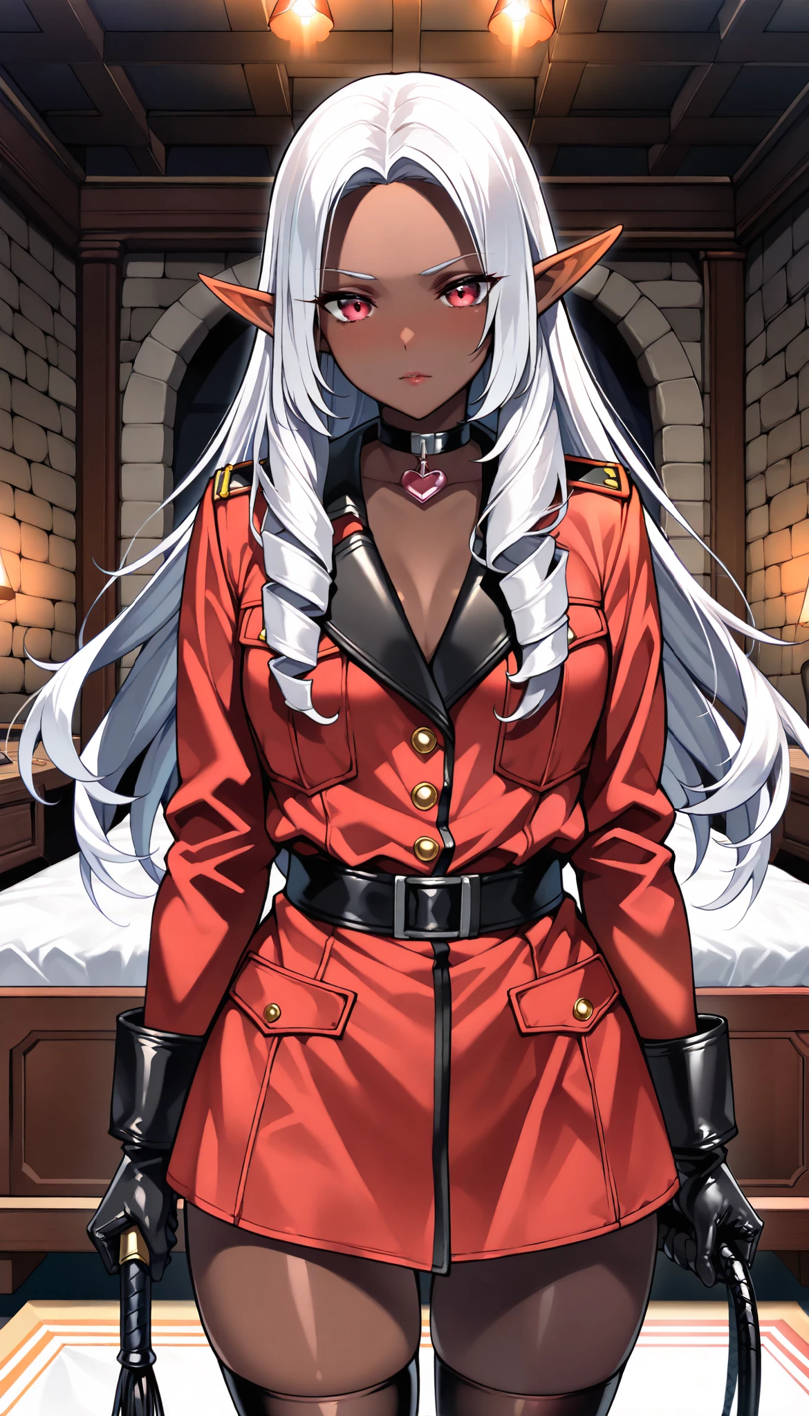 ( top quality :1.2,  very detailed,  high detailed CG illustration ,  soft focus, masterpiece:1.2,  best aesthetics), 1 female, ((( Beautiful Dark Elf Women,  brown skin:1.6))), JK,  Silver Hair,  wave hair included, Beautiful red eyes,  beautiful lips,  very detailed目と顔,  long eyelashes, Long ears,  pointed ears, Beautiful Kurodan , (( standing :1.2)), Red military uniform:1.6, Officer, With a whip,  Heart Choker, ( sexy poses), Army Command , Commander's Room ,  Dark Shiny Light , Quiet, obscene, obscene, Light streaming in,