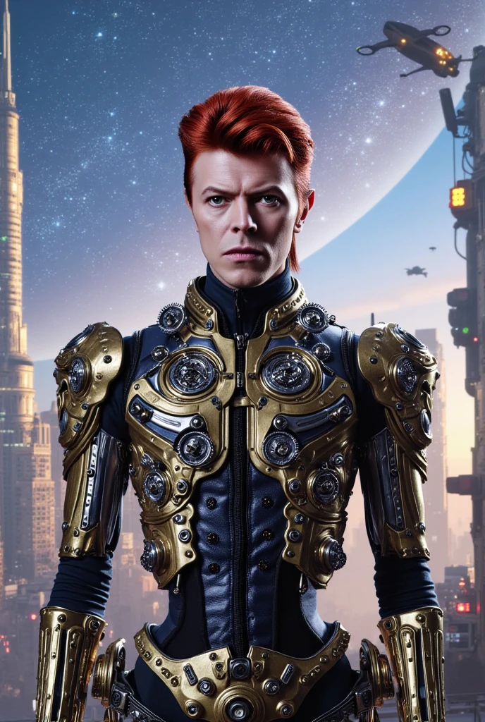 David Bowie as a steampunk cyberpunk robot in a futuristic city in space