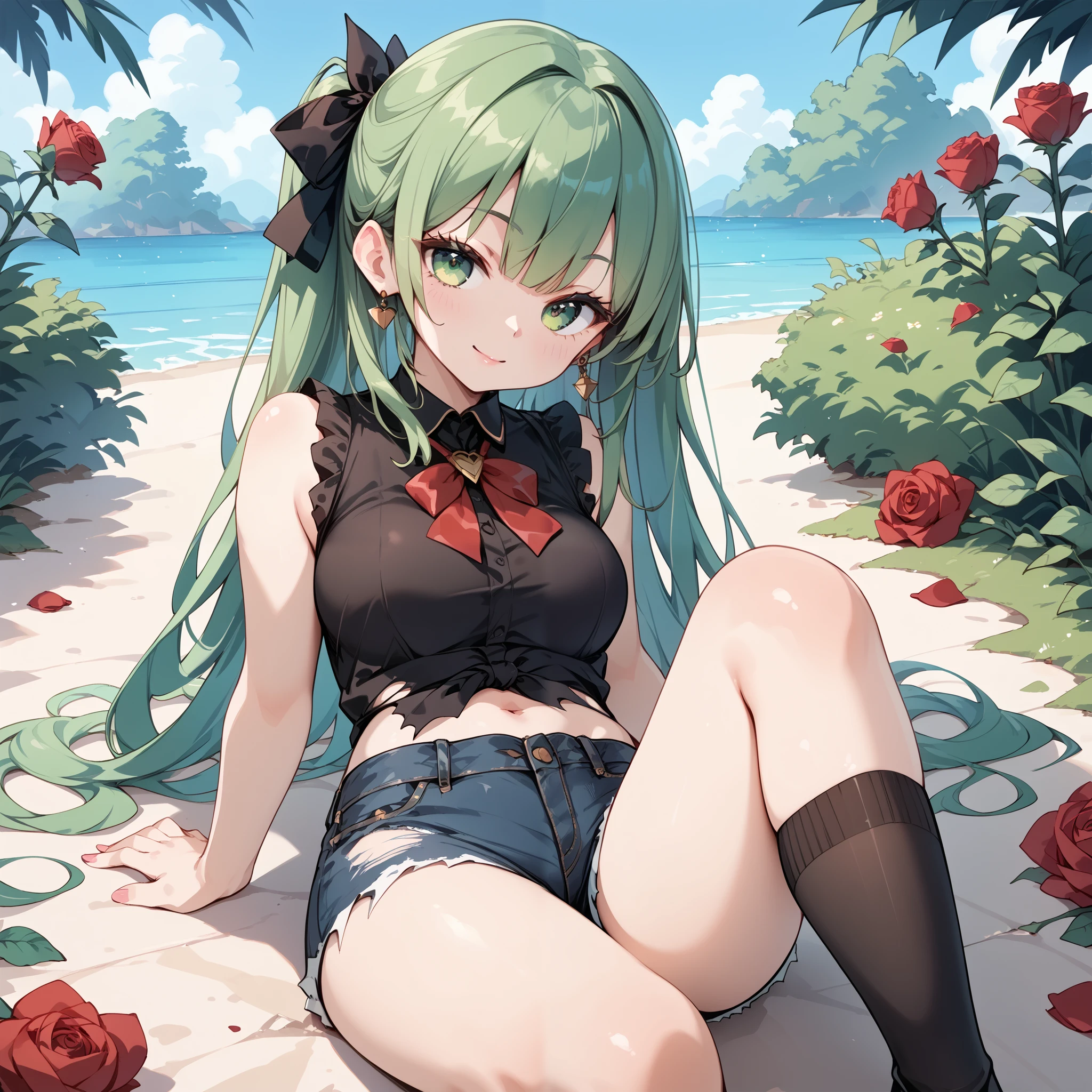 long and green hair, green eyes, sleeveless black shirt, ripped black denim shorts , knee-high socks, Black lashes , taking a picture of a red rose on the ground.