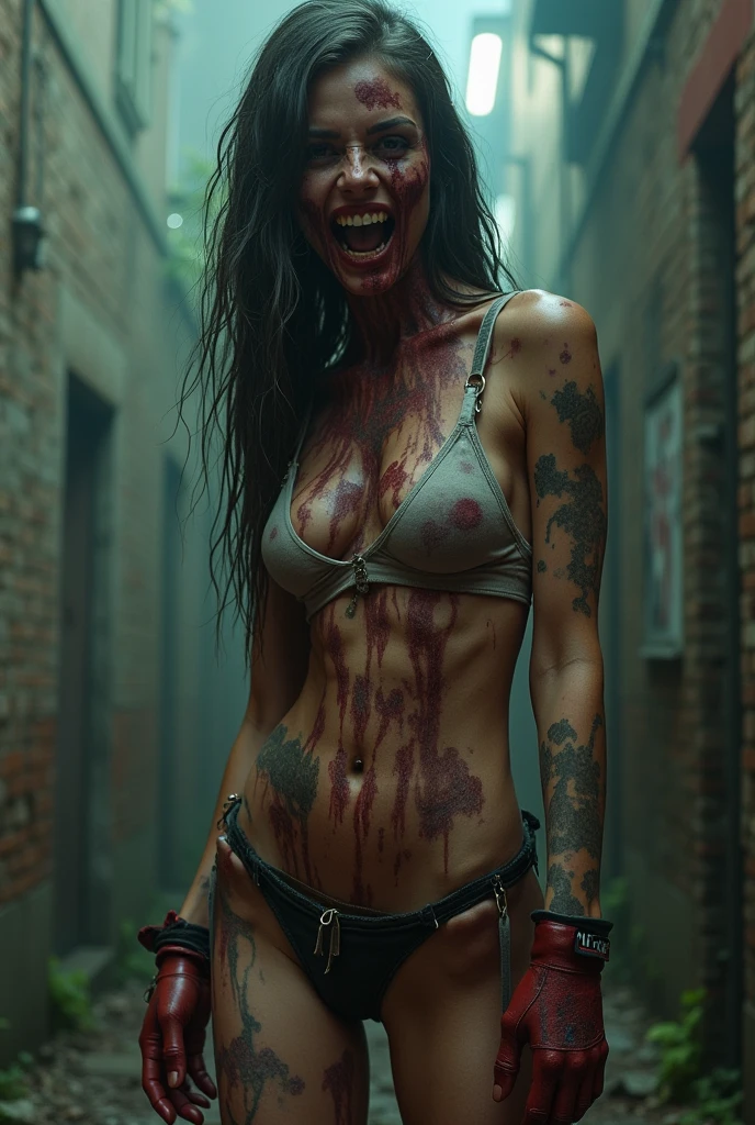 terrifying grotesque zombie woman wearing ripped tshirt and shorts in a desolate town, fog, night, dark, ominous, best quality masterpiece, photorealistic, detailed, 8k, HDR, shallow depth of field, broad light, high contrast, backlighting, bloom, light sparkles, chromatic aberration, sharp focus, RAW color photo