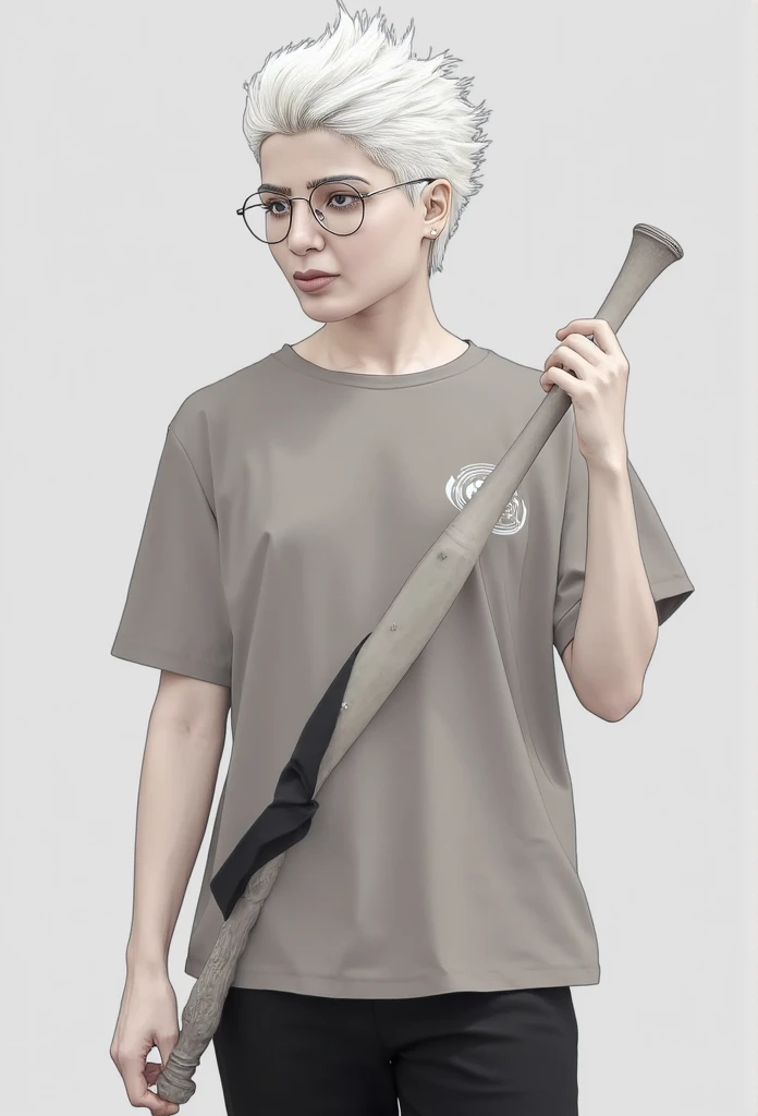 white hair , top side hair , short shirt , round glasses , basevall bat in the hand , full view ,