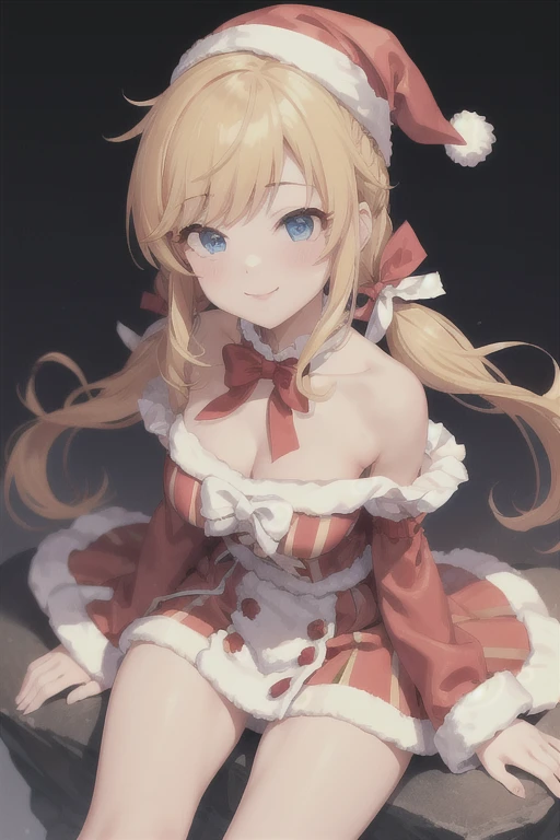 ohtsuki yui,  1 girl, chest, Blonde,  closes one eye, Alone, large chest,  blue eyes, smile,  twin tails,  clevis on a stone,  viewers,  long hair, Bare shoulders, bangs, ,  striped ,  dress, frills,   Detached Sleeve  , bow, red bow, , low  twin tails,  upper body, Red ribbon, red  dress,  hair ribbon ,  gradient background,Santa hat,, mini skirt Santa 