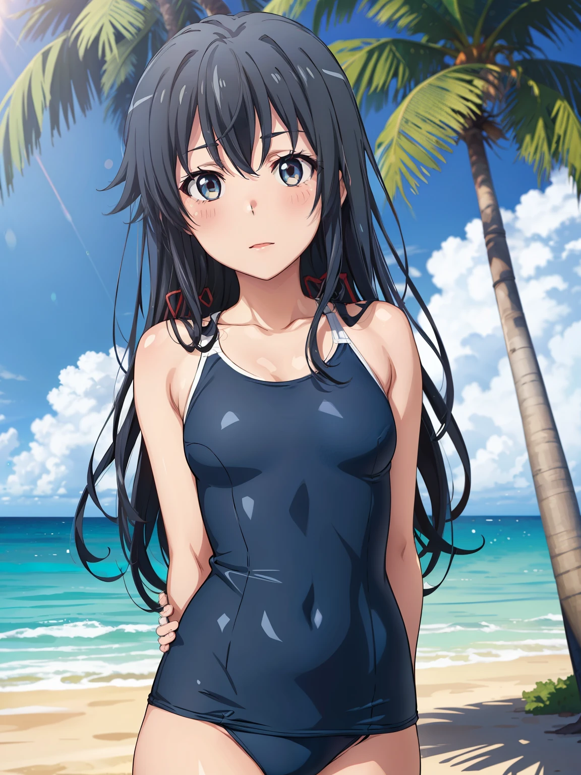 (( top quality , high res, perfect pixel, 4K)), (Beautiful anime), depth of field 、
Watching viewers,
perfect body,
yukinoshita yukino , small tits、 long hair、
one-piece swimsuit, navy swimsuit,
blush、
arms behind back,
viewers,
Beach 、 palm trees、