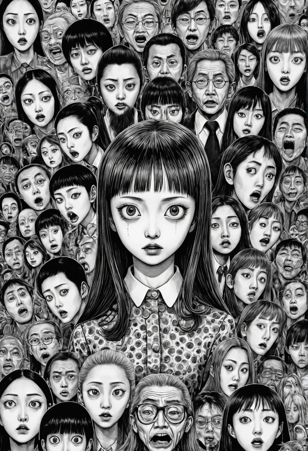 An illustration、art、Supervised by Junji Ito、Overaction、Overreaction、Pretending to be scared、Attention to detail, Realistic shadows、Analog Style, chromatic aberration, Surrealism、Detective costume