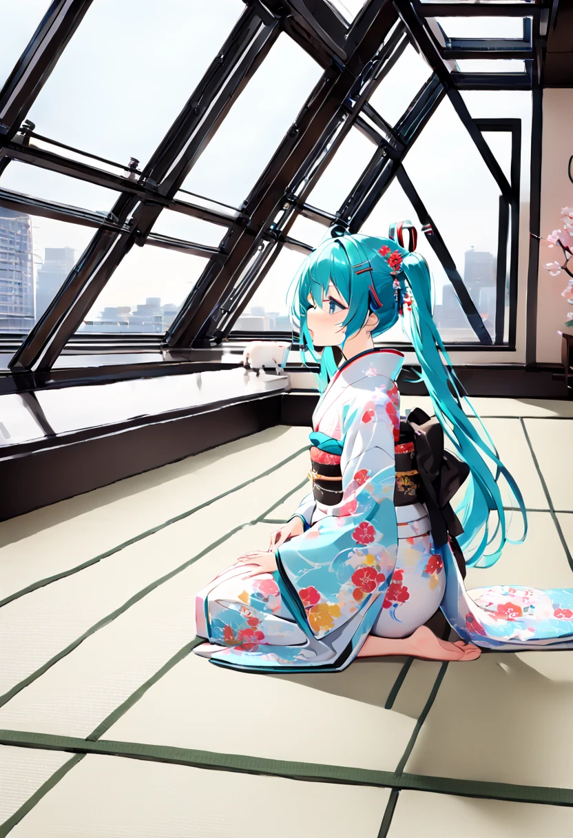 (hatsune miku:1.2), (kimono, long sleeves:1.4), (japanese hairpin:1.4), (seiza:1.4), (luxurious penthouse, indoor rooftop japanese-style room, tatami:1.4), 