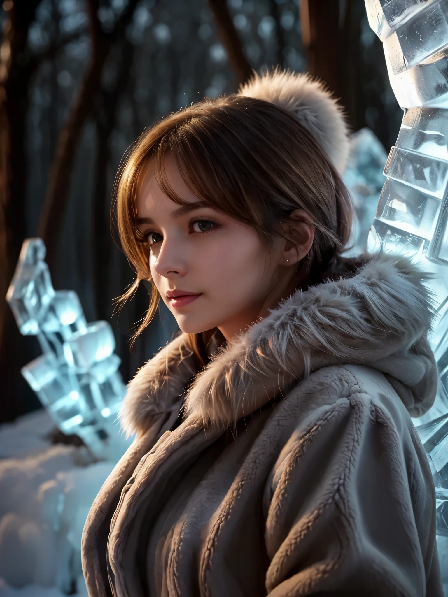 (best_quality, masterpiece:1.2), (highly detailed), (4k, 8k, uhd, high_resolution, highres), girl, fur coat, fur hoodie, detailed fur, hair, looking at viewer, turtleneck sweater, quality, highly detailed, masterpiece, high resolution, top-quality, surreal, highest quality, dry ice haze, secret god, ginkgo forest, dark gradients, movie lighting, sophisticated lighting, (intricate ice sculpture:1.4), sharp focus, illuminated by candles, soft glow, vibrant sparks, fireworks, flickering warm light, snowy ground, trees, dark atmosphere, fleeting light, flowers, fantasy, enchanting, photorealistic, dark fantasy concept art,