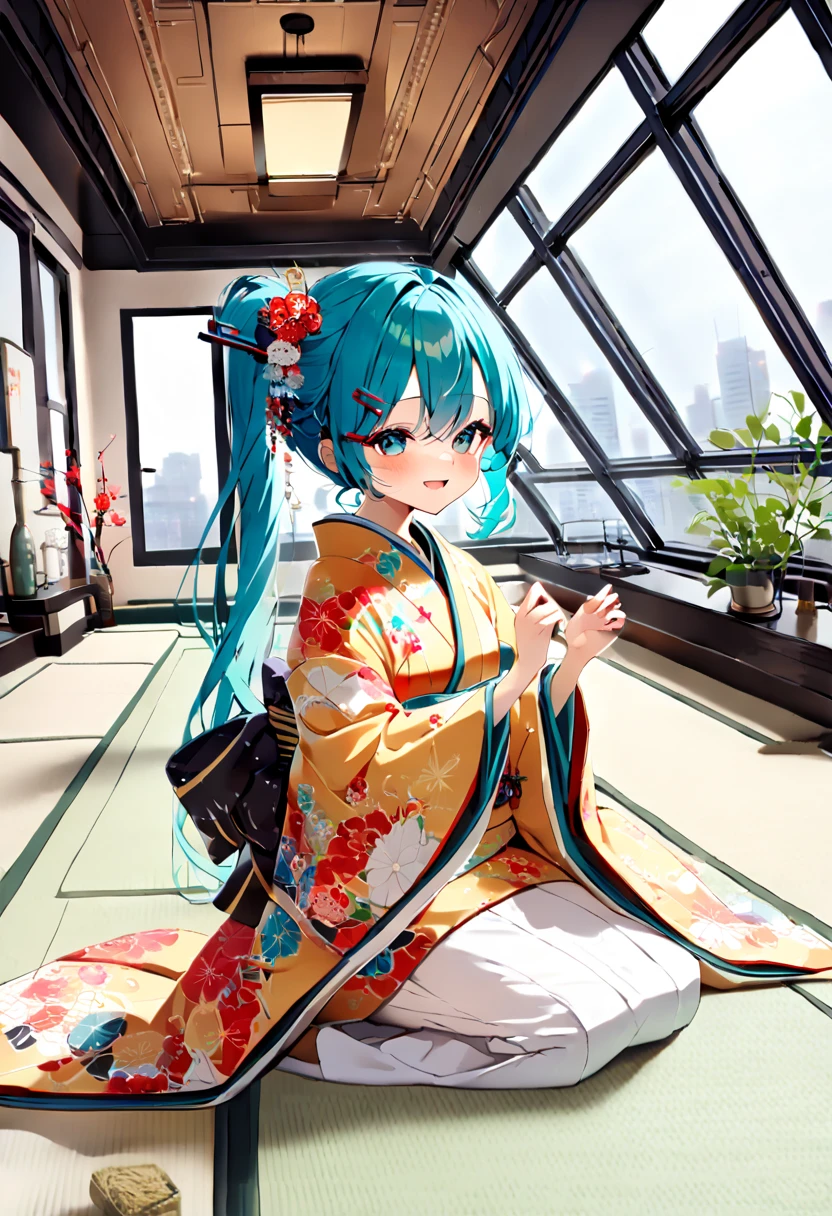 (hatsune miku:1.2), (kimono, long sleeves:1.4), (japanese hairpin:1.4), (seiza:1.4), (luxurious penthouse, indoor rooftop japanese-style room, tatami:1.4), 