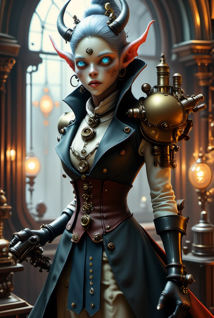 (best quality, 128k,highres,masterpiece:1.2),ultra-detailed,(realistic,photorealistic,photo-realistic:1.37), ((masterpiece)) ((photography)) ((Highest quality)) An elven young woman in a Victorian steampunk universe. She stands gracefully in an elegant room lit by stained glass windows, with the soft morning light filtering through. Her long light blue hair floats elegantly, highlighting her pointed elf ears. She wears a complex steampunk outfit, including a dark leather corset adorned with metallic buttons and detailed embroidery, a white blouse with puffed sleeves, and a richly decorated blue skirt. Her leather belt features various gears and a holster for a futuristic weapon. She firmly holds a black steampunk pistol with sleek modern lines, ready for action. Her expression is confident, with piercing blue eyes locked on the viewer. The background features antique elements such as candelabras, intricately carved wooden furniture, and metallic objects reflecting the steampunk theme.