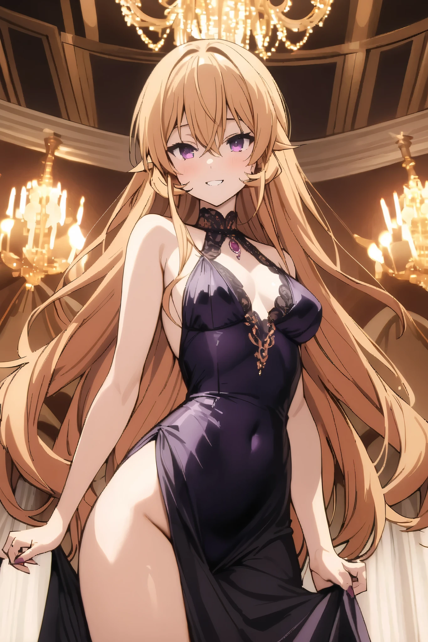 NSFW,masterpiece, top quality , high res, very detailed,Elina Nakiri 、 long hair、 orange hair、 purple eyes、 hair between eyes ,Young lady,fine silk dress,Luxurious mansion, party venue, chandelier,Elegant smile