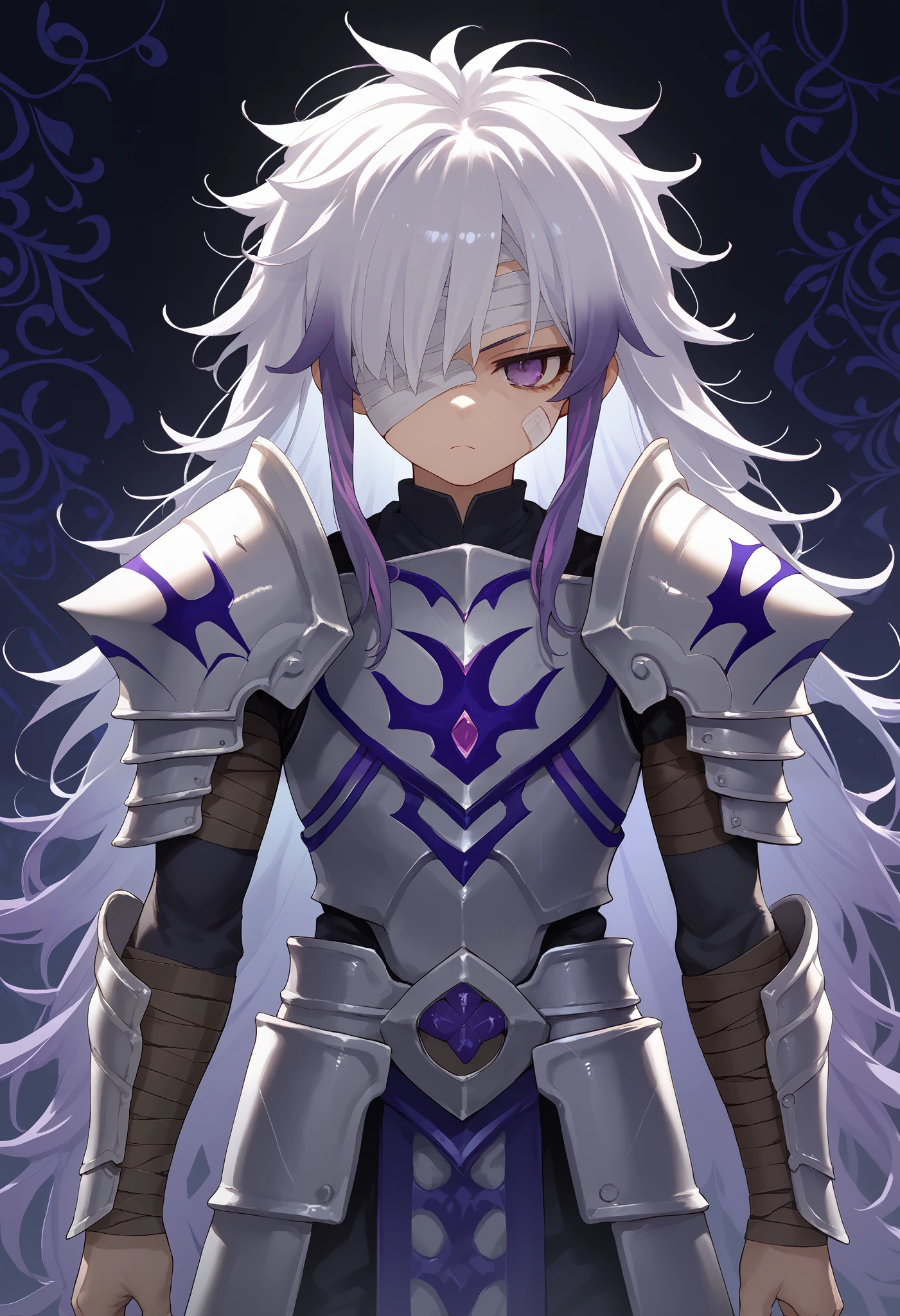 ((masterpiece)), anime lighting, 1boy, solo, long hair, purple hair, white hair, multicolored hair, purple eyes, face covered with bandages, only left arm, ((MISSING RIGHT ARM)), burns on skin, armor, white armor, armor patterns, liberation patterns, shortstack, front view, messy hair, half of face covered with bandages, one eye visible.