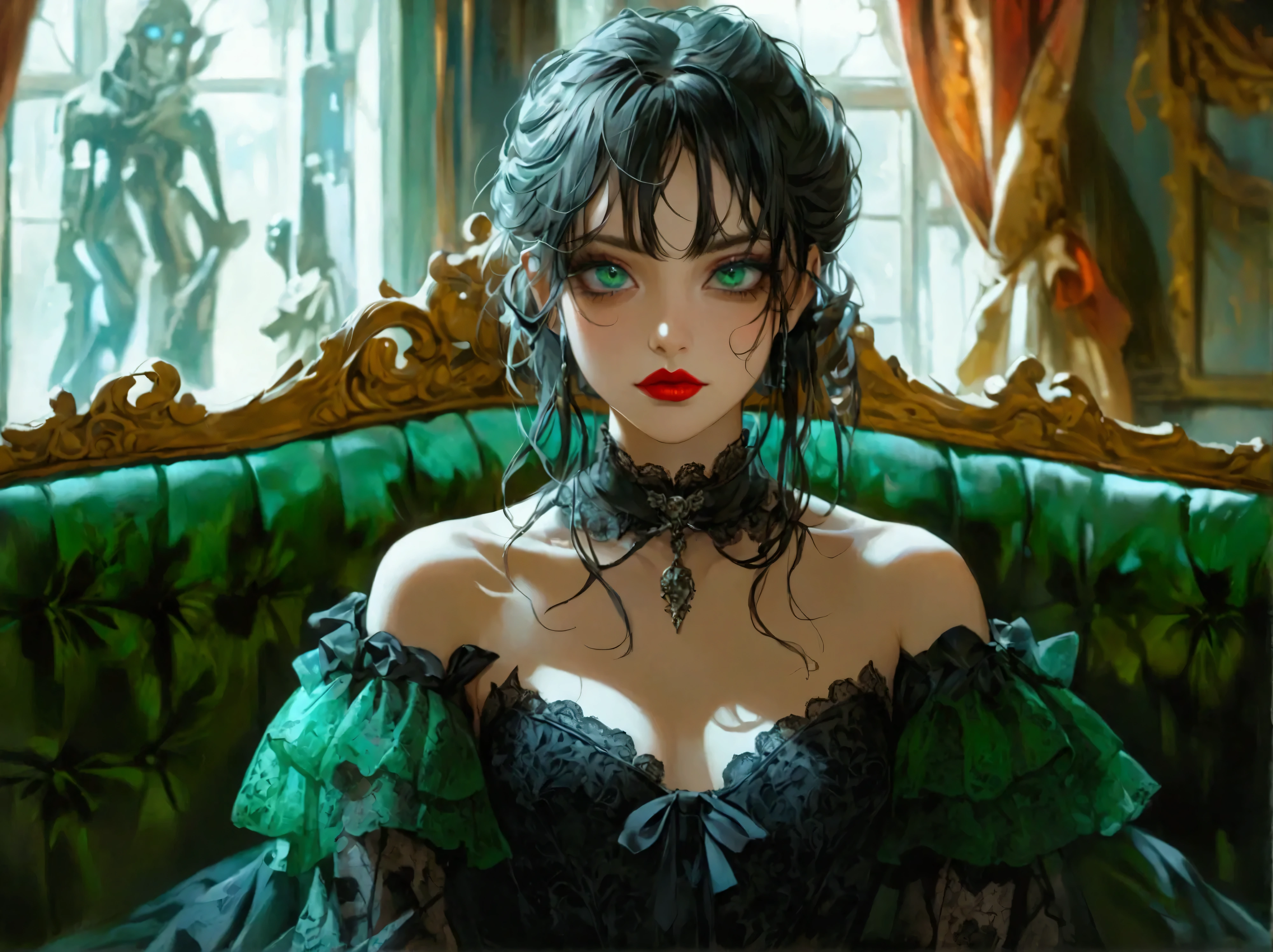  beautiful gothic ta girl sitting alone on a green sofa , A Girl and a Gothic Knight, sitting alone on a green sofa,  wearing black lace in a black dress,  Surreal,  high res,  extremely detailed,  most detailed,  red lips, baroque,  complicated,  cinematic lighting,   Dramatic Composition , Rich texture,  brightly colored ,  Photorealistic , "goth girl "  style for stilets，Heavy eye makeup,  odd-eye,  long eyelashes, Cheeky face, 