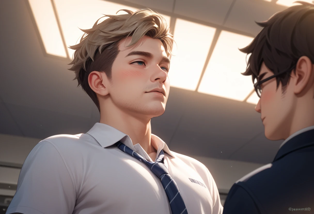 {(1man(25yr old);1boy(yr old))},delicious expression,blush,messy short hair,blond hair and brown hair,from below side,in public school class,half naked,fullbody,hd,4k,8k,dynamics lighting,perfect lighting,realistic