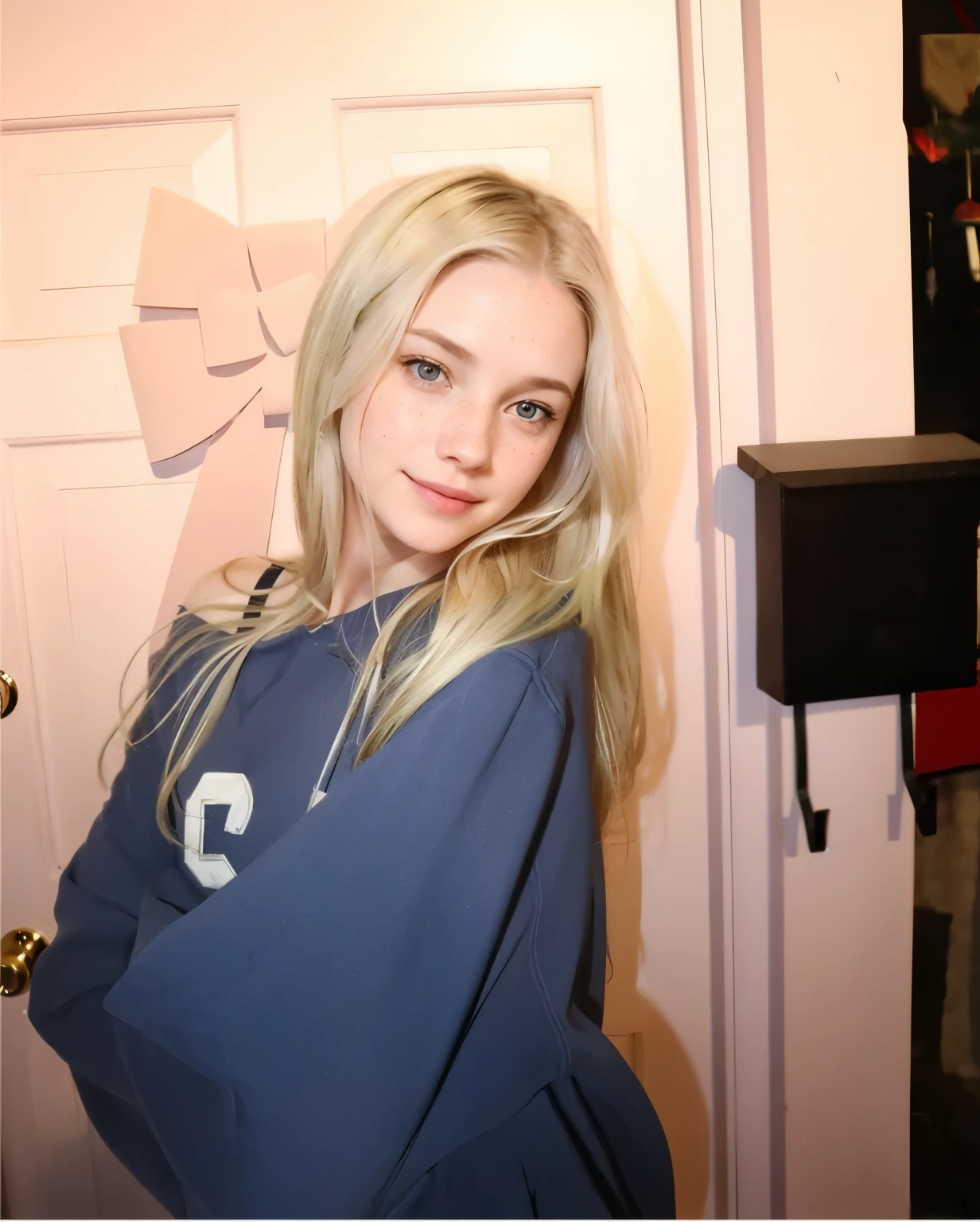 Blond woman with long hair posing in front of a door - SeaArt AI