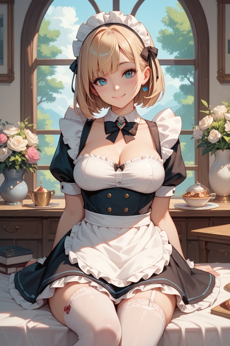(best quality, masterpiece), (ultra high resolution, 8K RAW photo, photo realistics:1.5, textile shading, thin outline, clear focus:1.2), Beautuful Matured woman preparing tea-time in the garden, standing by the round table, (tea set, tea pot, tea cups, some cakes on dish), classy art deco style table, wearing light_brown maid uniform, breast cleavage, maid costume:1.2, long flare skirts, apron, bow ties on thechest, long tall sally, long legs, long white hair, (wearing thin-flame glasses:1.2), (milf:1.5, 28 years old, solo), (large breast, sagging breast, big tits, narrow waist), (medium short white hair, hair over one eye, (updo hair:1.2), side lock, asymmetric hair, wavy hair), (bright pupils, detailed eyes, high detailed face, Perfect face shape, eye rush), (seductitve smiling, half-closing eyes), (looking at viewers:1.3), (dynamic angle, full body, from above:1.2), ((correct anatomy:1.5, correct hands)), (ideal ratio of body proportions), (outdoor:1.2, grass field), 