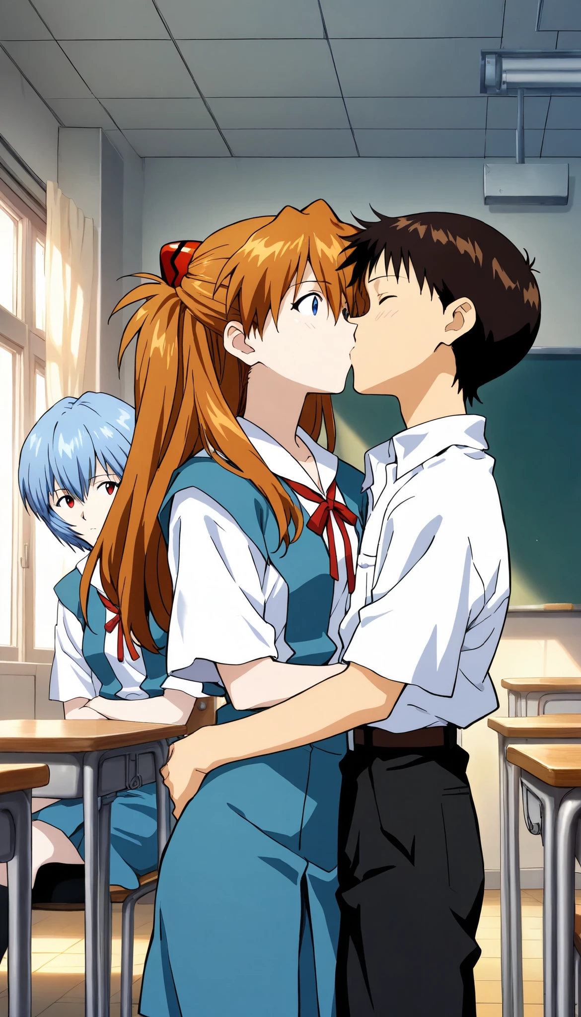 score_9, score_8_up, score_7_up, score_6_up, score_5_up, score_4_up, (source_anime), 2girls, evangellion, asuka langley, rei ayanami, yuri, full body, breast sucking, Schoolwear
