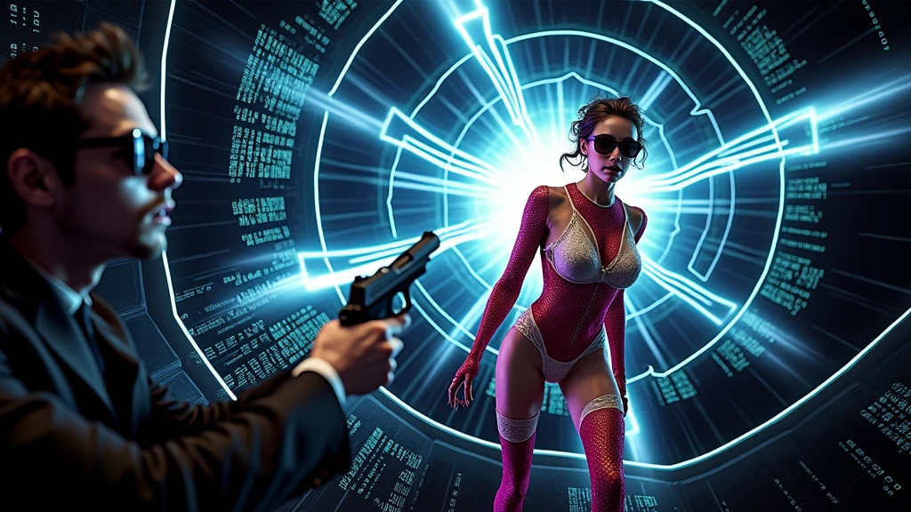 Aerial view, (flying vehicle), sci-fi outdoor maze as background. Matrix style, at night, dark sky. (1girl, solo), photo realistic, large-breast:1.2 slim:0.9 body, cleavage:1.2, tube top, miniskirt, (matrix style black sunglasses), (holding a mini:1.1 stun gun), half-body thigh level medium shot, cinematic lighting, ray tracing.