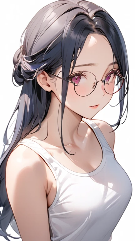 from above view, close face view, headshot view, face details, semi realistic, 1 woman, office lady, mature body, pink eyes, wearing round glasses, small breast size, straight half body long hair, middle parted hair style, large forehead, yale blue colored hair, pink eyes, shy expression face, wearing white tanktop, tight tanktop, crop top, wearing short pants, standing pose, wearing short pants, high res, ultrasharp, 8K, masterpiece, looking at the viewer (masterpiece), best quality, expressive eyes, perfect face