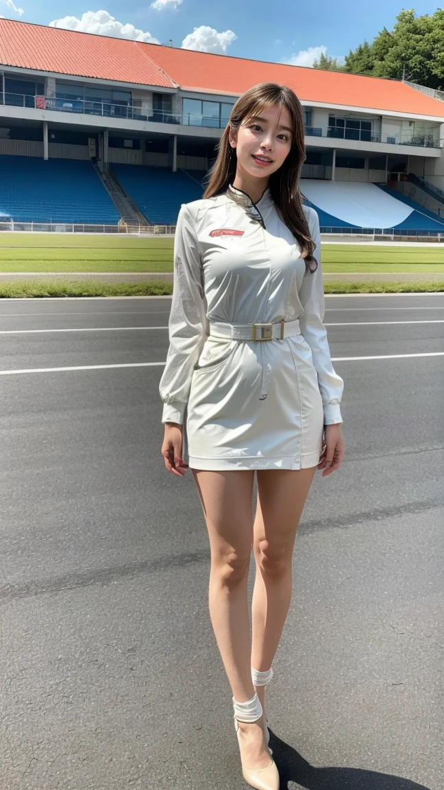 A beautiful Japanese woman, 20 years old, perfect anatomy, healthy thighs, beautiful legs, beautiful skin, random hair color, random hairstyle, large breasts, race queen, (race queen costume:1.3), zent, (she is standing:1.2), full body shot, high heels, racing circuit, (best quality,4k,8k, highres, masterpiece:1.3), (extremely detailed:1.2),photorealistic, cinematic lighting,HDR,professional photography, vivid colors, Ami Inamura