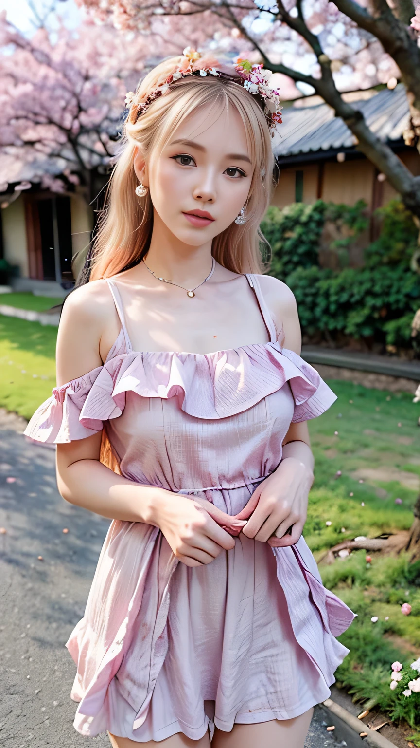 art by Cornflower, dreamy, cherry_blossoms, falling_petals, petals, branch, pink_flower, 1girl,20-year-old, blue_sky, spring_(season), petals_on_liquid, flower, hanami, dress, (Long blond curly hair：1.5),Wearing a wreath,sky, outdoors, cloud, bangs, smile, pink_eyes, White skirt with cherry blossom embellishments, bare_shoulders, earrings, holding_flower, wind, tree, looking_at_viewer,cowboy shot,