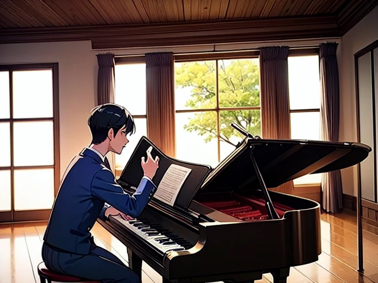 Japan、High school boy playing a grand piano in a music room、profile、 calm、Passionate、