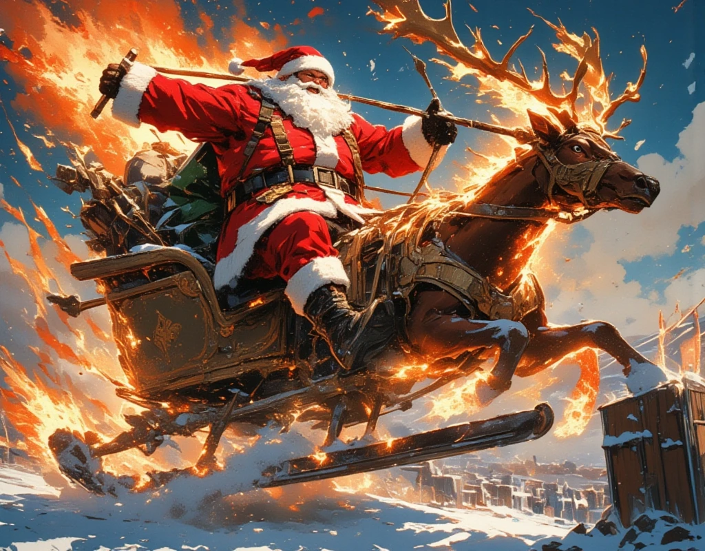 masterpiece:1.3,  highres icon,  Strong Body Santa Claus ,  Beard Flickering Like Fire ,  An Aura Bursting Out of Their Eyes ,  Muscles are pushing up Santa clothes, Thick Muscular Arms ,  Santa Claus Riding a Heavily Armed Sleigh ,  Reindeer breathing fire out of his mouth ,  Reindeer with Strong Body , Overlooking:1.3, Dramatic:1.1, Dynamic Paintbrush 