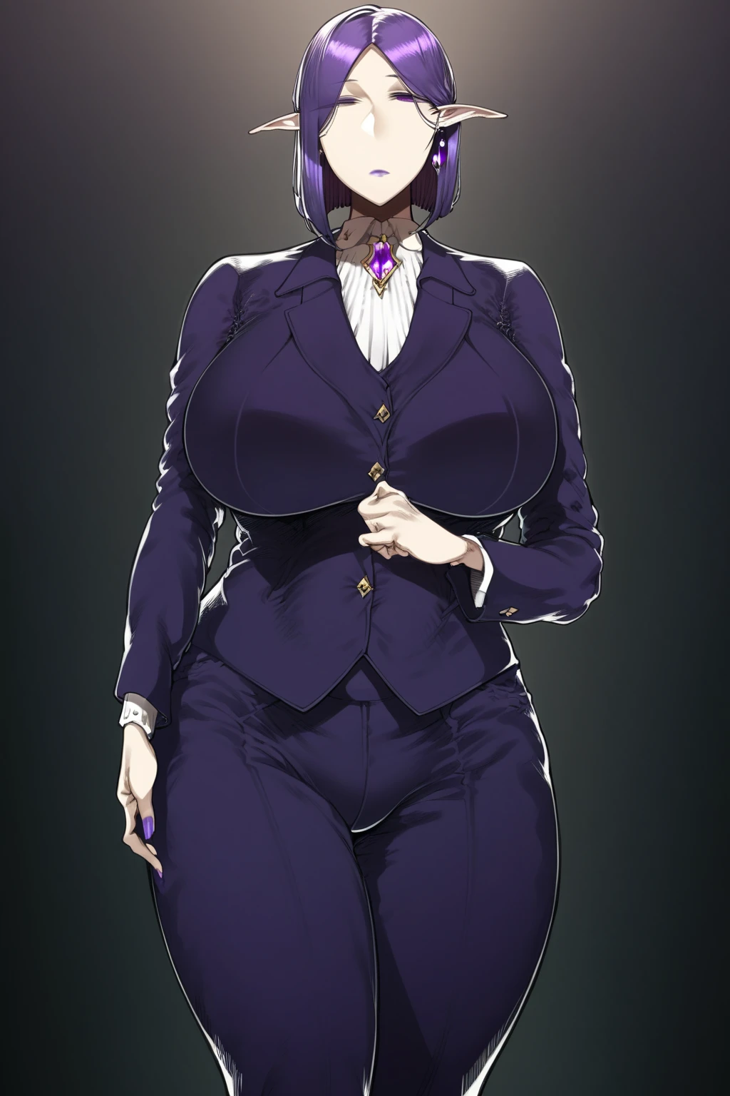 Milf, very voluptuous mature woman,  voluptuous body ,  very dark purple hair ,  by Corte Bob, bob cut hair, Straight hair, Very tall woman, big woman,  suitable for all audiences , pale skin,  butler woman , anime,  anime style tanishi ,  woman in very elegant men's clothing, Woman in butler clothes, dark purple eyes ,  dark purple eyelashes ,  purple gem brooch on the neck,  earrings with purple gems ,  woman with pants, empty stare y sin expresiones,  look without emotions y sin expresiones, empty stare,  look without emotions, Expressionless look, No expressions on my face, Expressionless look, Straight hair, by thin,  pointy ears , Elf ears, Very beautiful female elf, Butler&#39;s suit, mujer con Butler&#39;s suit hombre,  woman with pants de hombre,  tight pants, Female butler, Milf butler, Milf with men's pants, elegant pants, Butler&#39;s suit morado obscuro, Alone,  butler woman  sola,  a butler, mayordomo Alone, Image of a single person, purple nails, dark purple lips,  purple lipstick ,  open eyes ,  looking at the spectator , 