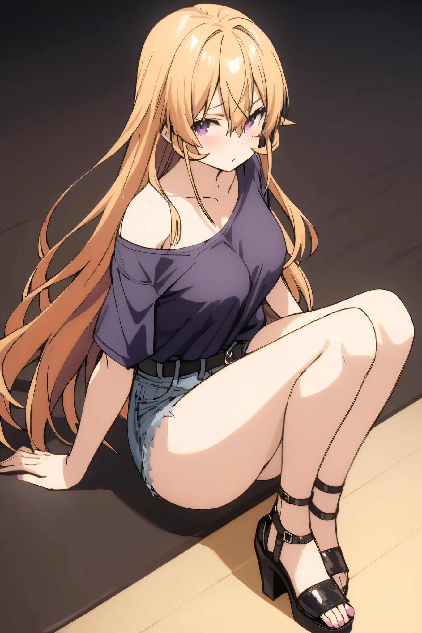 NSFW,masterpiece, top quality , high res, very detailed,Elina Nakiri 、 long hair、 orange hair、 purple eyes、 hair between eyes , dressed casually, off shoulder shirt, denim shorts,Sandals Heels 