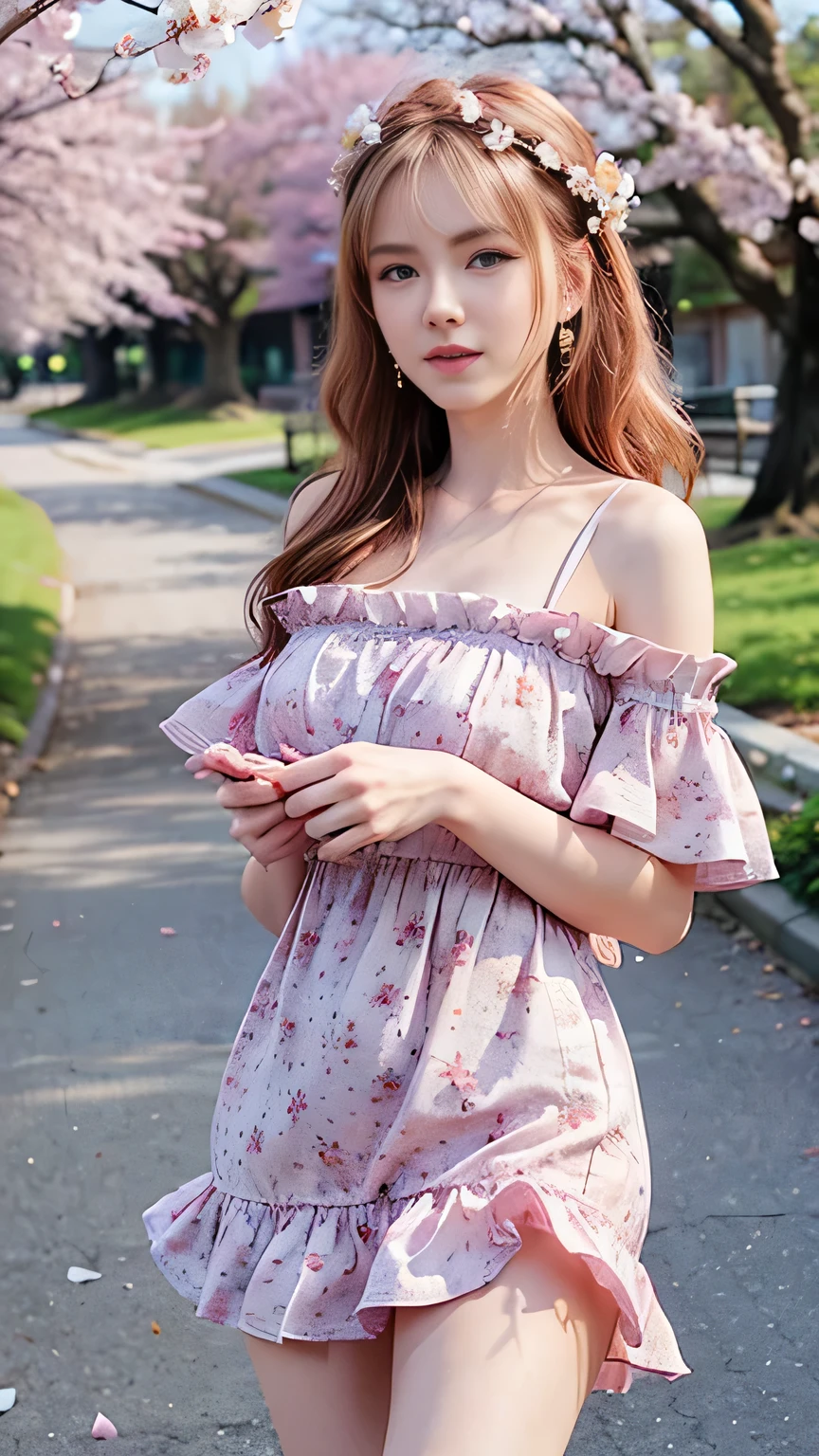 art by Cornflower, dreamy, cherry_blossoms, falling_petals, petals, branch, pink_flower, 1girl,20-year-old, blue_sky, spring_(season), petals_on_liquid, flower, hanami, dress, (Long blond curly hair:1.5),Wearing a wreath,sky, outdoors, cloud, bangs, smile, pink_eyes, White skirt with cherry blossom embellishments, bare_shoulders, earrings, holding_flower, wind, tree, looking_at_viewer,cowboy shot,