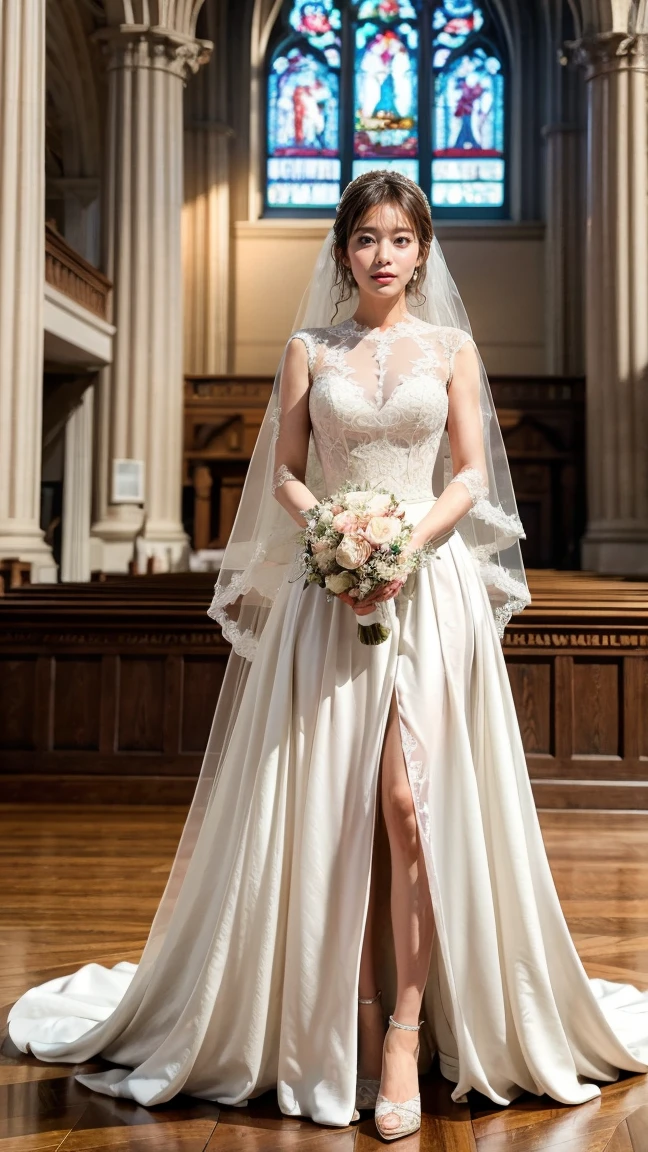 A beautiful young Japanese woman, 26 years old, with healthy thighs, beautiful legs, flawless skin, random hair color and style, large breasts, wearing a (wedding dress:1.3), (she is standing:1.2), full body shot, high heels, holding a bouquet in her hands, in a church setting, (best quality,8k, masterpiece:1.3), (extremely detailed:1.2), perfect anatomy, Ami Inamura