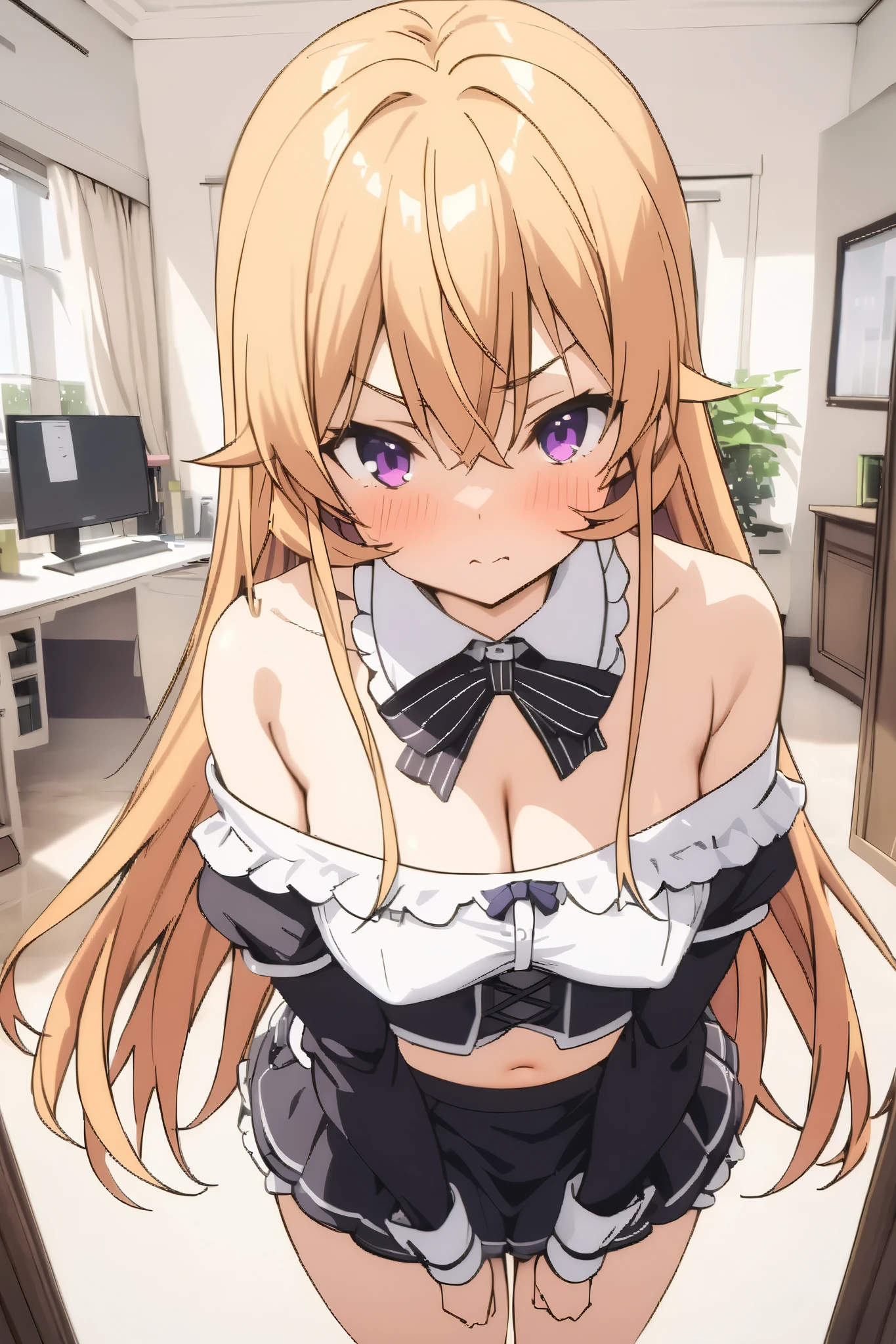 NSFW,masterpiece, top quality , high res, very detailed,Elina Nakiri 、 long hair、 orange hair、 purple eyes、 hair between eyes , maid clothes, Off Shoulder, crop top, micro mini skirt,Mansion,Office