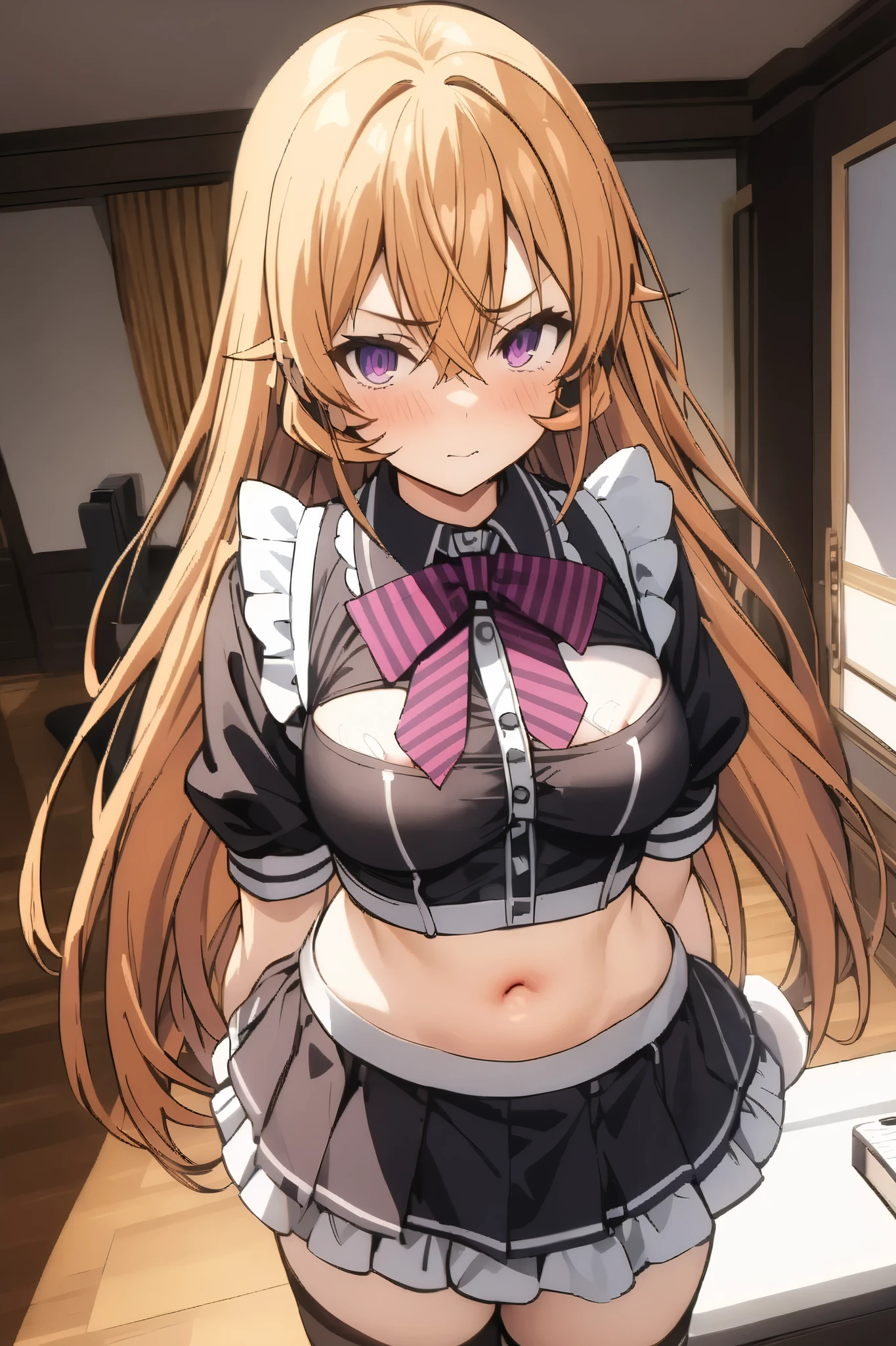 NSFW,masterpiece, top quality , high res, very detailed,Elina Nakiri 、 long hair、 orange hair、 purple eyes、 hair between eyes , maid clothes, Off Shoulder, crop top, micro mini skirt,Mansion,Office