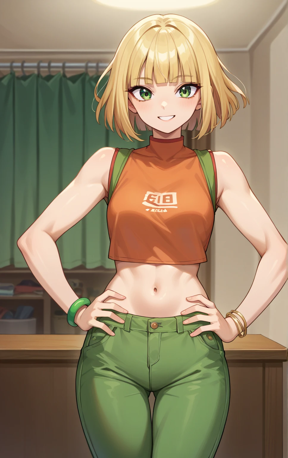 score_9,score_8_up,score_7_up BREAK MinMinSDXL,1girl,short hair,blonde hair,bracelet,green eyes,pants,blunt bangs,cowboy shot,room,room background, orange tanktop, green pants, crop top, sleeveless, smile, hands on hips 