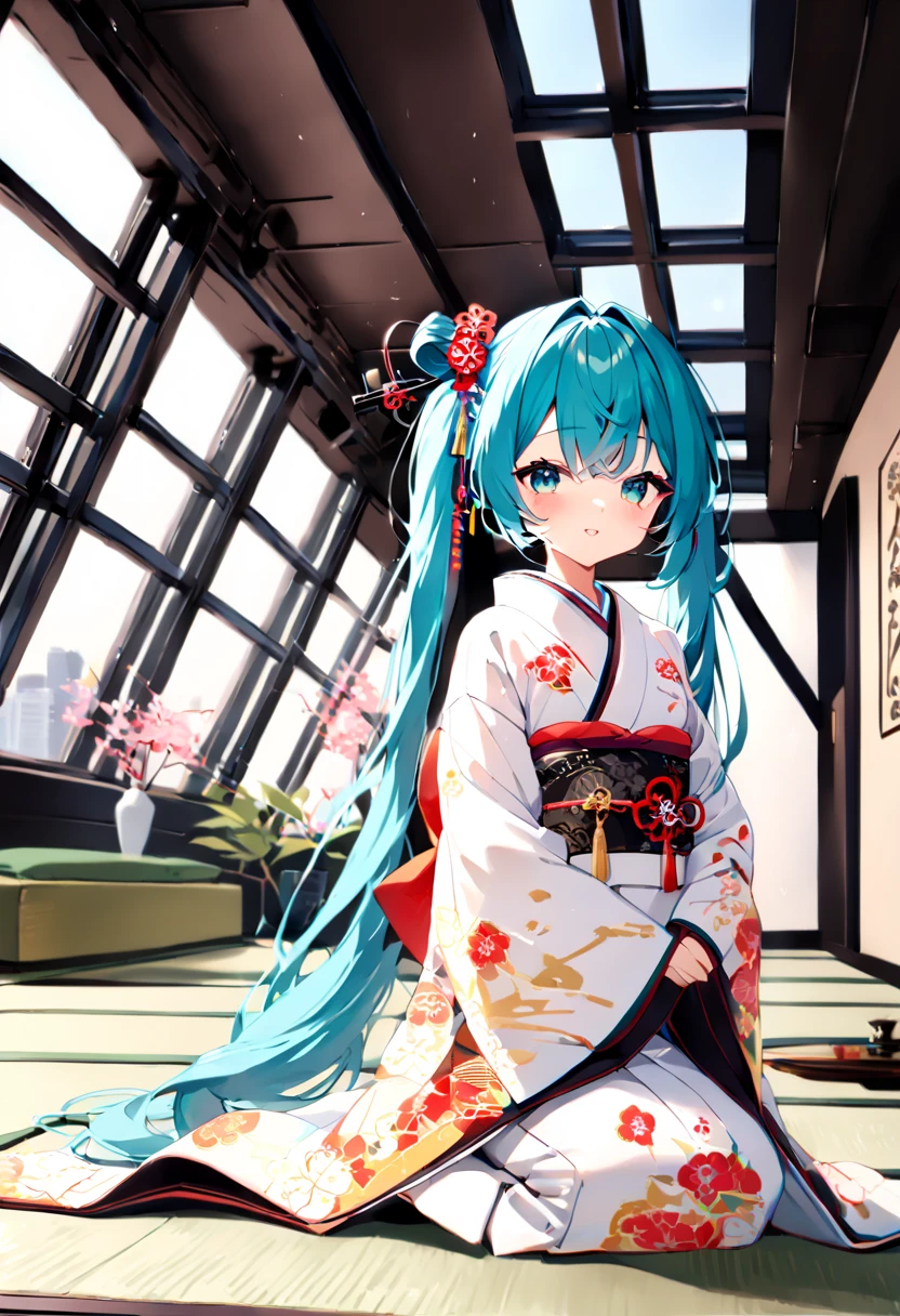 (hatsune miku:1.2), (kimono, long sleeves:1.4), (japanese hairpin:1.4), (seiza:1.4), (cowboy shot:1.4), (luxurious penthouse, indoor rooftop japanese-style room, tatami:1.4), 