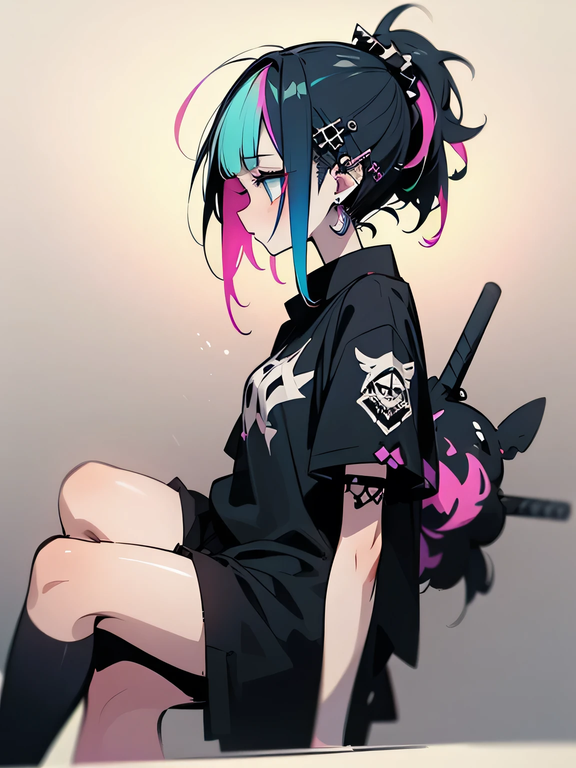 Anime girl with pink hair and black shirt holding a sword - SeaArt AI