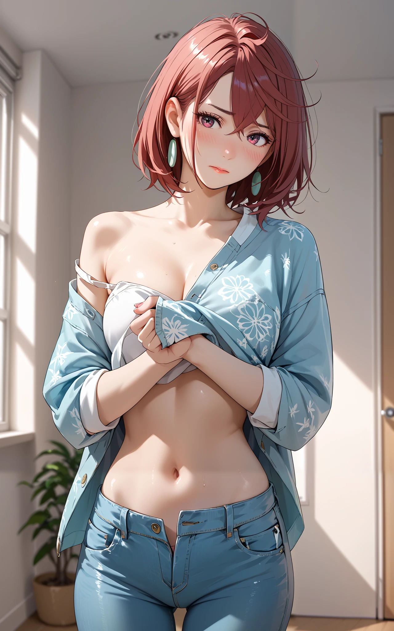 Alone、 woman、(undressing jeans :1.4)、(Changing clothes:1.8)、 Embarrassed Expression