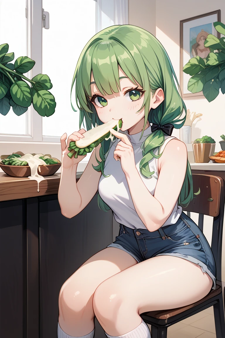 long green hair ,  green eyes, White sleeveless shirt, shorts jeans,  knee-high socks, black eyelashes, Sitting on a chair in the square, Eating mashed potatoes and broccoli .
