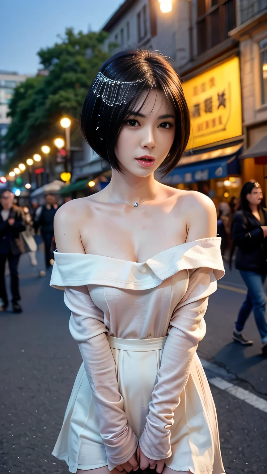 masterpiece, best quality, miranda, (halfbody shot,street lamps,moon),Masterpiece, 1girl, solo exhibition, beautiful woman on the bustling street, surrounded by hawkers, beautiful goddess girl portrait, beautiful and detailed face, porcelain skin, (((bust shot, center, night, black hair, short hair)), super soft lighting, symmetry, complexity, elegance, high detail, realism, art, concept art,