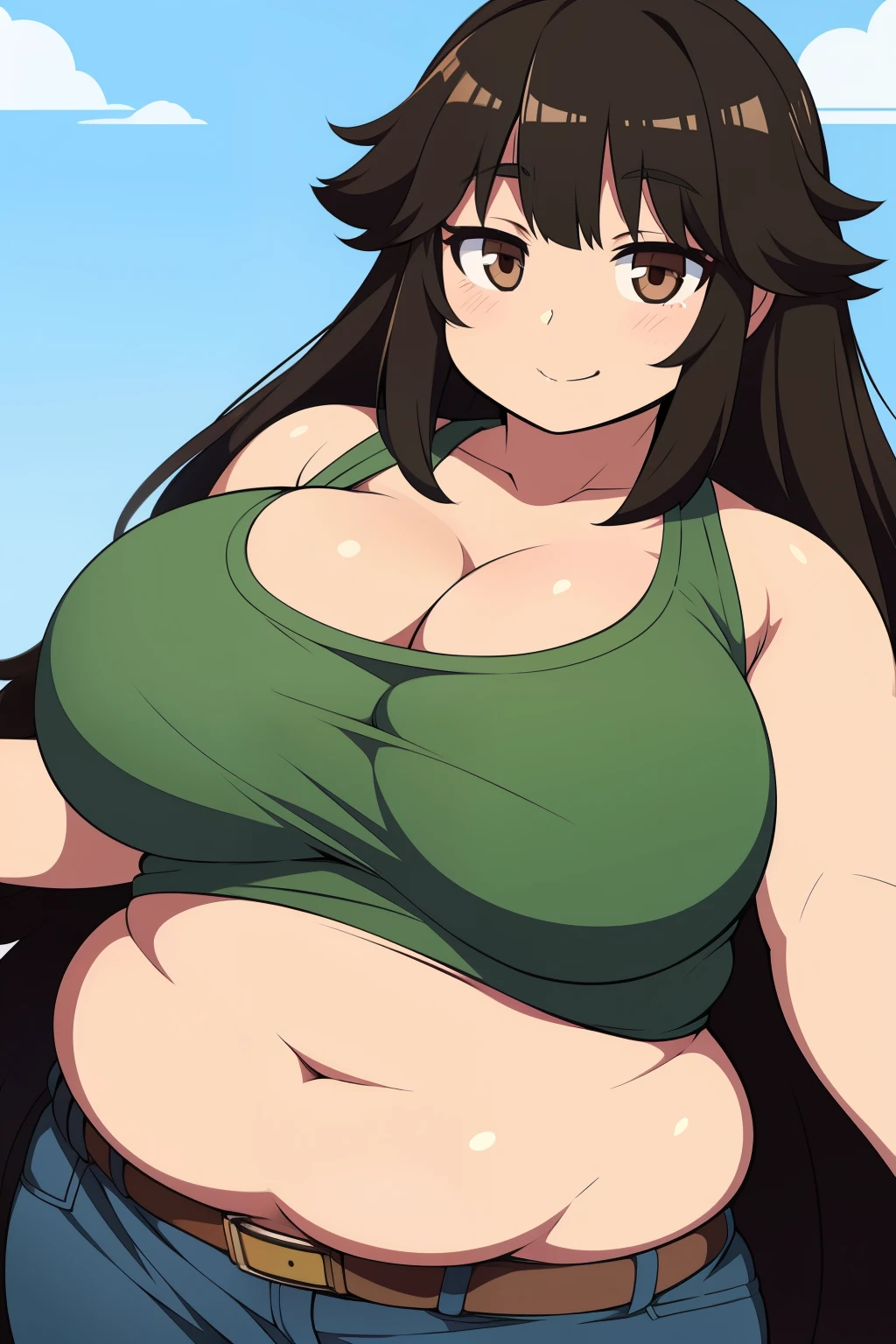 Chubby girl with big breasts brown eyes long and messy black hair smiling Jinako Carigiri 


