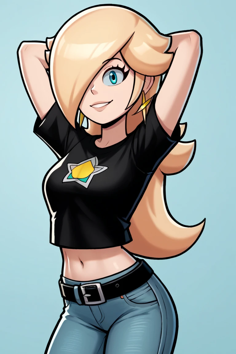 score_9, score_8_up, score_7_up, source_anime, rosalina, blonde hair, blue eyes, hair over one eye, long hair, star earrings, solo, cowboy shot, black t-shirt, taut clothes, tight shirt, midriff, navel, jeans, black belt, arms behind head, smile,  black t-shirt 