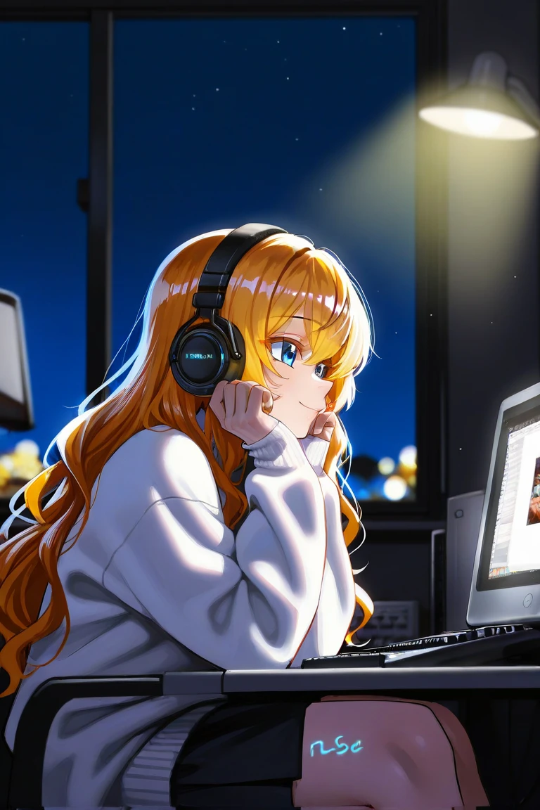 (masterpiece: 1.3,   highest resolution,  top quality , 8k,   depth of field  , 8k,   Very Delicate Illustration  ,   PERFECT DETAIL),   perfect lighting, (  very cute single girl  ),Side View,  lightly wavy hair , Alone,   girl making music on her home studio computer ,   Rembrandt,   quiet recording studio  ,   detailed body  ,  white sweater,   happy expression, (  sitting in front of a MIDI keyboard  :1.1,  native instruments complete control S88 ),    neon shining around headphones   , SONY MDR-CD900ST,  operating computer iMac  ,   DAW interface is displayed  ,  Steinberg cube base  , playing keyboard with beautiful fingers  , Delicate hands,   of colorful notes around her Mark's  ,   night sky light shining through a window  ,   room illuminated by night light  ,  fluorescent desk light  