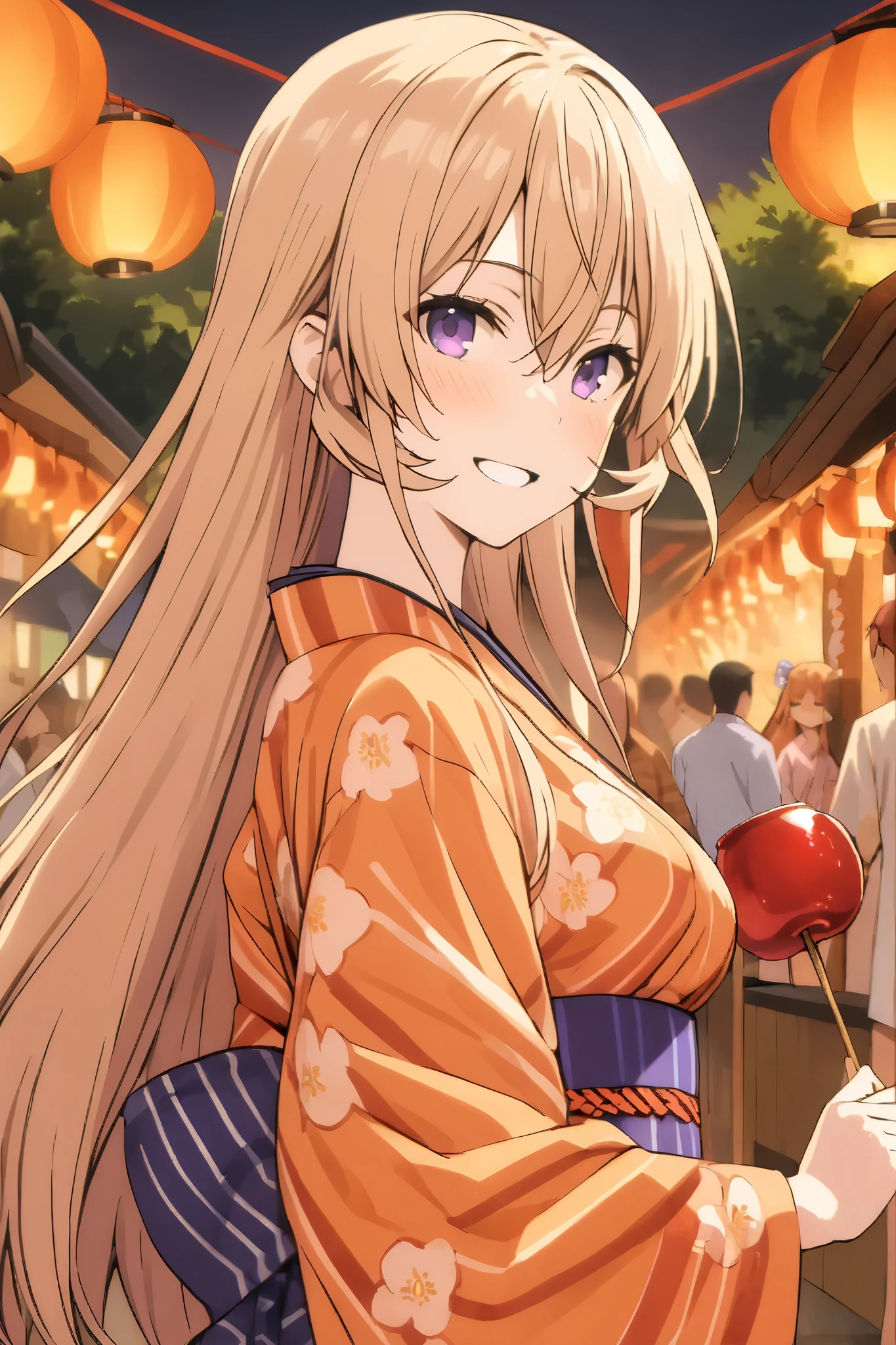 NSFW,masterpiece, top quality , high res, very detailed,Elina Nakiri 、 long hair、 orange hair、 purple eyes、 hair between eyes , kimono,yukata,shrine,Festivals,Opening a store,Lantern, happy smiles ,Candy apples