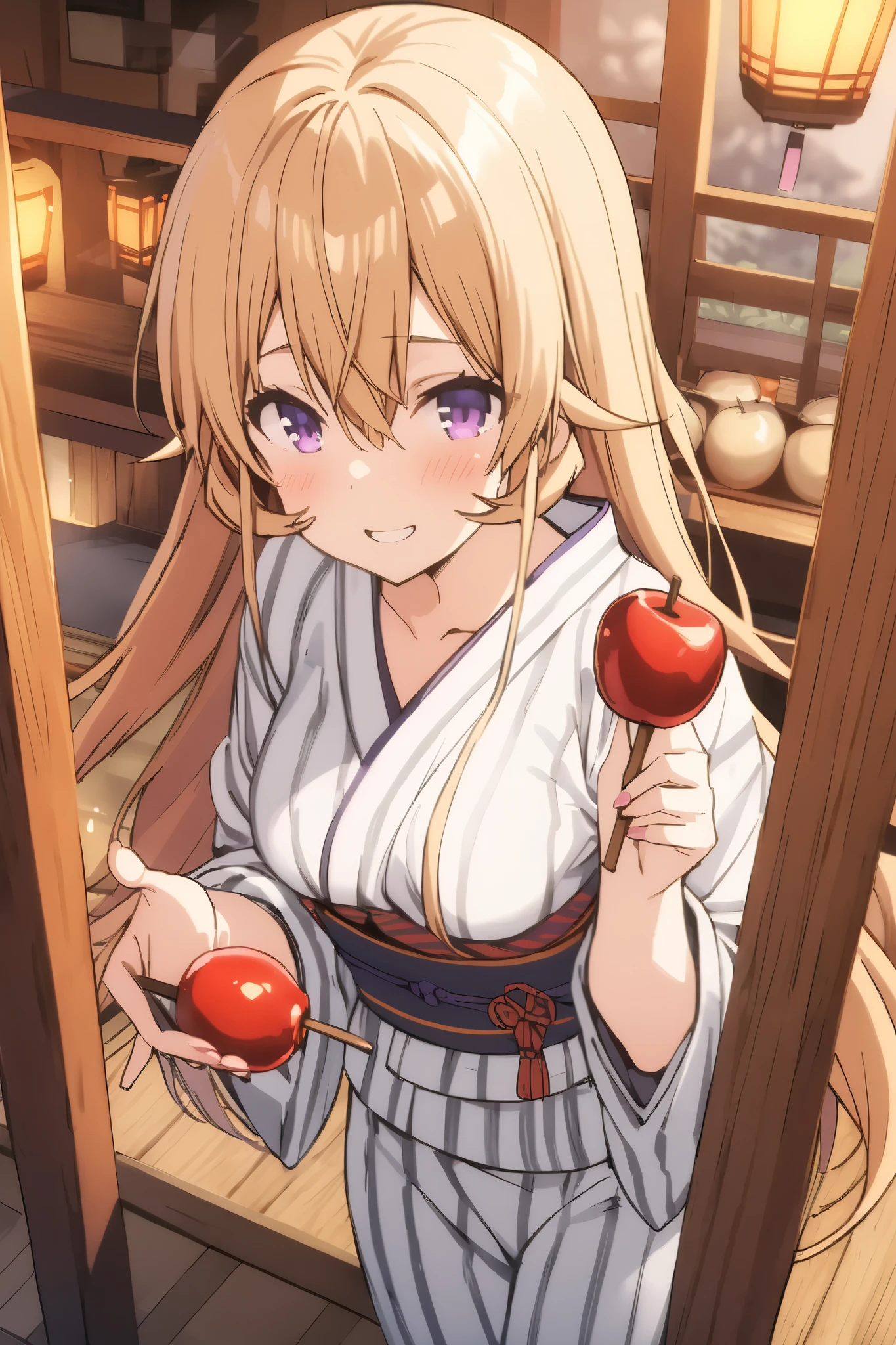 NSFW,masterpiece, top quality , high res, very detailed,Elina Nakiri 、 long hair、 orange hair、 purple eyes、 hair between eyes , kimono,yukata,shrine,Festivals,Opening a store,Lantern, happy smiles ,Candy apples